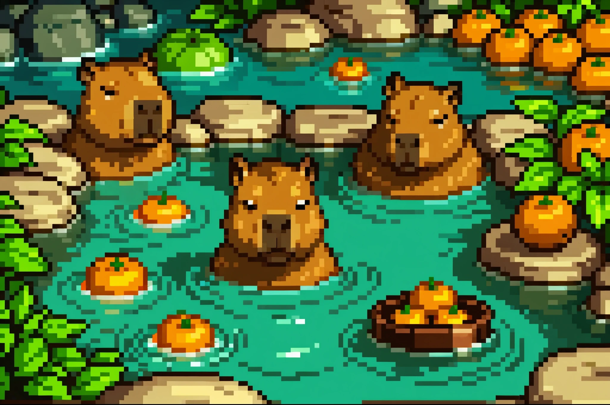 no humans, capybara, multiple capybara, baby capybara, wood barrel, weat wood, japanese nature, thermal pool, hot springs, natural thermal pool, natural hot springs, japanese thermal pool, japanese hot springs, oranges, oranges floating in water, orangein head, cute, high detail, (masterpiece, best quality), intricate details, high detail, detailed skin texture, (goosebumps:0.3), subsurface scattering, vibrant colors, cartoon style, PixelArt,pixel,16Bits,31bits