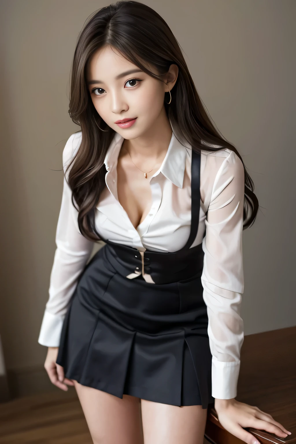 Tabletop, highest quality, Realistic, Very detailed, finely, High resolution, 8k wallpaper, One beautiful woman,, Light brown messy hair, He is wearing a black see-through dress shirt with an open collar...., Sharp focus, Perfect dynamic composition, Beautiful and detailed, Thinning hair, Detailed Realistic skin texture, smile, Close-up portrait, Model Body Type、president'secretary、mini skirt、High heels、whole body、suit