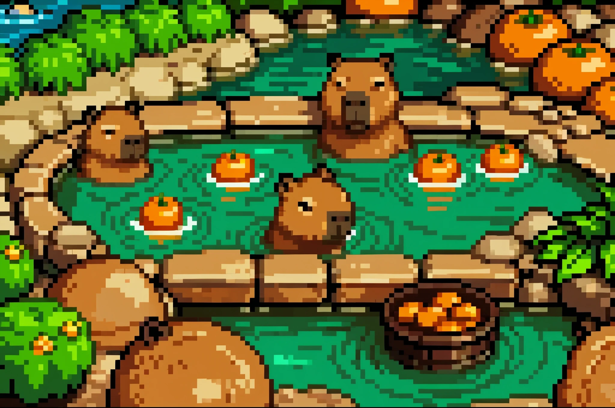 no humans, capybara, multiple capybara, baby capybara, wood barrel, weat wood, japanese nature, thermal pool, hot springs, natural thermal pool, natural hot springs, japanese thermal pool, japanese hot springs, oranges, oranges floating in water, orangein head, cute, high detail, (masterpiece, best quality), intricate details, high detail, detailed skin texture, (goosebumps:0.3), subsurface scattering, vibrant colors, cartoon style, PixelArt,pixel,16Bits,31bits