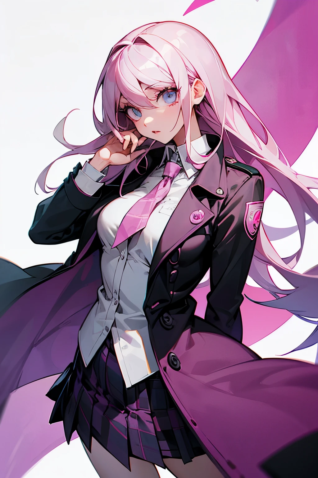 An investigator girl wearing a pink trenchcoat, white collared shirt, and a purple plaid skirt stands as the main subject. Her appearance resembles Angie Yonaga from the Danganronpa series. The girl has beautiful detailed eyes, beautiful detailed lips, and an extremely detailed face. Her eyes are emphasized with long eyelashes, conveying a sense of mystery and intelligence.
The artwork should be created with resemblance to traditional danganronpa v3 artstyle, inspired by rui art style