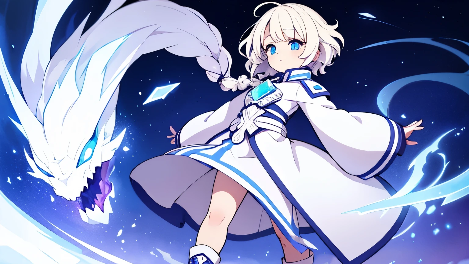 Female Alchemist,Platinum blonde curly short hair,Ice Blue Eyes,One braid with partially long hair,White coat-like clothing,Five-colored gems,Floating in the air,Boots underfoot,Final Boss