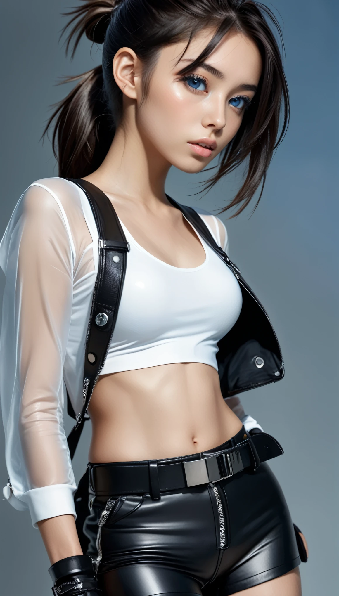 (nsfw), masterpiece, Best Quality, Realistic, Futuristic fashion art,
BREAK
beautiful young woman, ig model, render of april, (wide angle, all body shot, standing:1.6),
BREAK
bold exposure, (ultra slim waist, firm medium breasts, medium buttocks, beautiful sexy legs:1.2), cameltoe, exuding a sculptural beauty, White and beautiful Silky skin, thin and beautiful neck, small head,
BREAK
(White and black military print bodysuit: 1.3), (Sleek black leather belt with futuristic metallic buckle: 1.2), (Low-rise black leather shorts with zipper accents: 1.4), urban vibes, (Sheer black mesh bomber jacket with white and black military patches: 1.4), (Chunky black combat boots with silver hardware: 1.5), fierce and bold, (Black fingerless gloves with white LED lights: 1.3), high-tech accessories, (White and black camouflage print bucket hat: 1.3), (Oversized black sunglasses with reflective lenses: 1.2), edgy attitude, (White and black military print backpack with multiple compartments: 1.4), functionality meets style, (Sleek high ponytail with black and white ribbon accents: 1.3), futuristic hairstyle, (Graphic black and white eyeliner for dramatic eyes: 1.4), striking makeup, (Confident stride with a hint of rebellion: 1.5), embodying the essence of future street-chic fashion,
(in a concrete, fog, mist, Realistic black Shadow) , small head, Detailed face, cute and Pretty slim face, Duck mouth, perfect beautiful Tooth, arranged gray hair, blue eyes, shiny eyes, looking viewer,