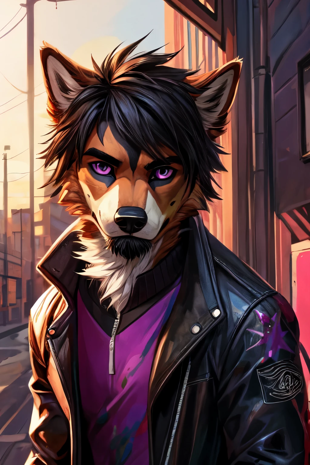 male handsome dog, very long scruffy black hair white and brown fur, modern, two tone jacket, saturated, colourful, colourful clothes high detail, tattooed sleeves, purple eyes, painted, good face, 8k