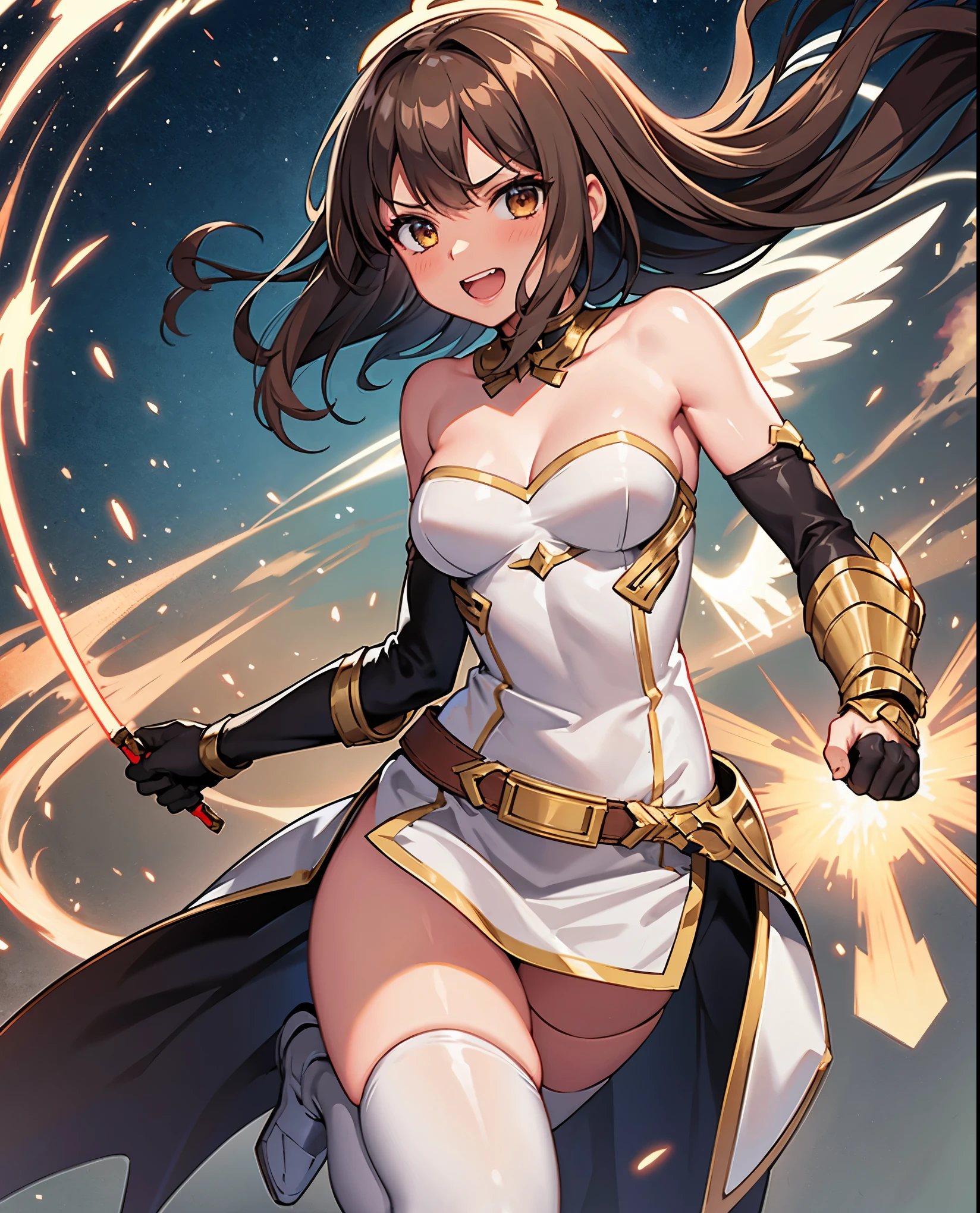 fantasy, 1angel_girl,,very_young,brown_hair, medium_bob_hair, long_bangs, halo,bare_shoulder,thighhighs,silver_armor, waist_armor, large_breasts,angry,grinning,open_mouth_teeth, 1pair_wings, dynamic_pose_fighting,floating, bare_crotch, headgear,gauntlet, greaves,city_sky_background,slightly_spread_legs, solo, groin_naked,dark_skin,