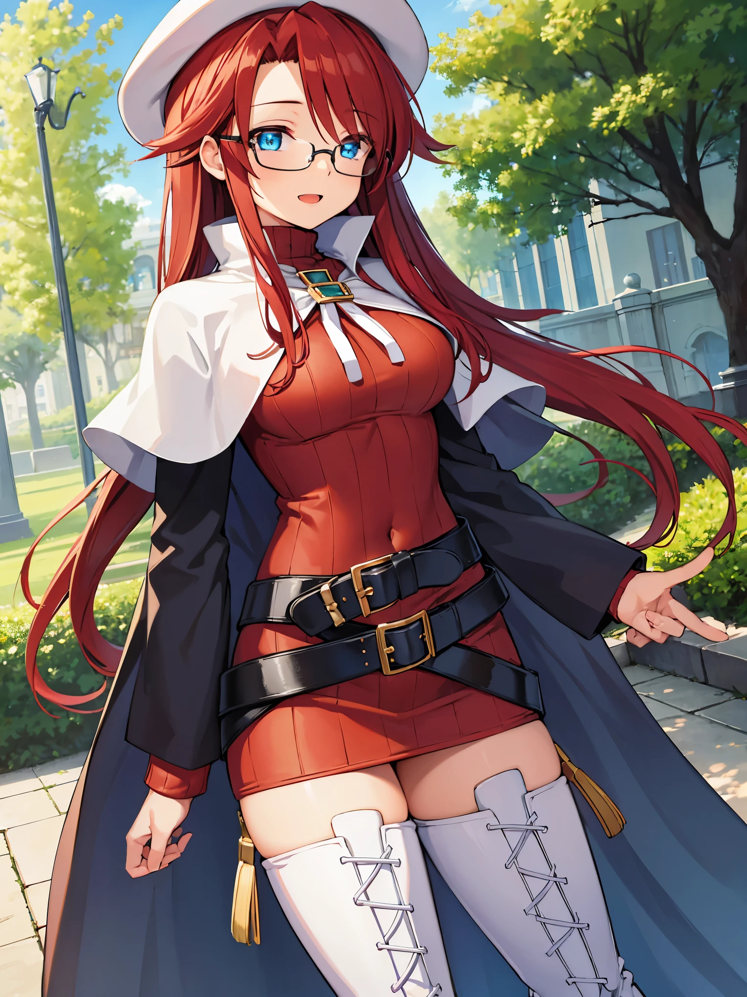summonnightaty, aty, long hair, blue eyes, red hair, beret, hat, glasses,
BREAK long hair, thighhighs, hat, dress, boots, glasses, belt, cape, sweater, zettai ryouiki, beret, thigh boots, white footwear, ribbed sweater, loose belt,solo,
BREAK outdoors, fantasy,on_a_ship,
BREAK (masterpiece:1.2), best quality, high resolution, unity 8k wallpaper, (illustration:0.8), (beautiful detailed eyes:1.6), extremely detailed face, perfect lighting, extremely detailed CG, (perfect hands, perfect anatomy),covered_nipples,covered_navel,light_smile ,(half_eyes:1.4),long_sword,edge,armpit,sleepy,dynamic_standing,red_sweater,apart_legs,magical_effect,pulmp,big_tits,light_open_mouth,prepare_a_sword