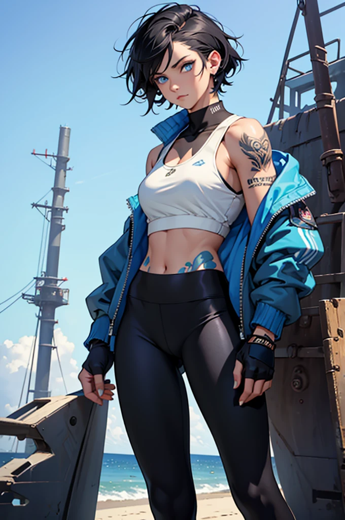 ((Best quality)), ((masterpiece)), top quality), standing alone, Bomber jacket, tank top, leggings, short black hair, leggings, fingerless gloves, blue eyes, woman, curvey, blue neck tattoos, sea background, blue tattoos