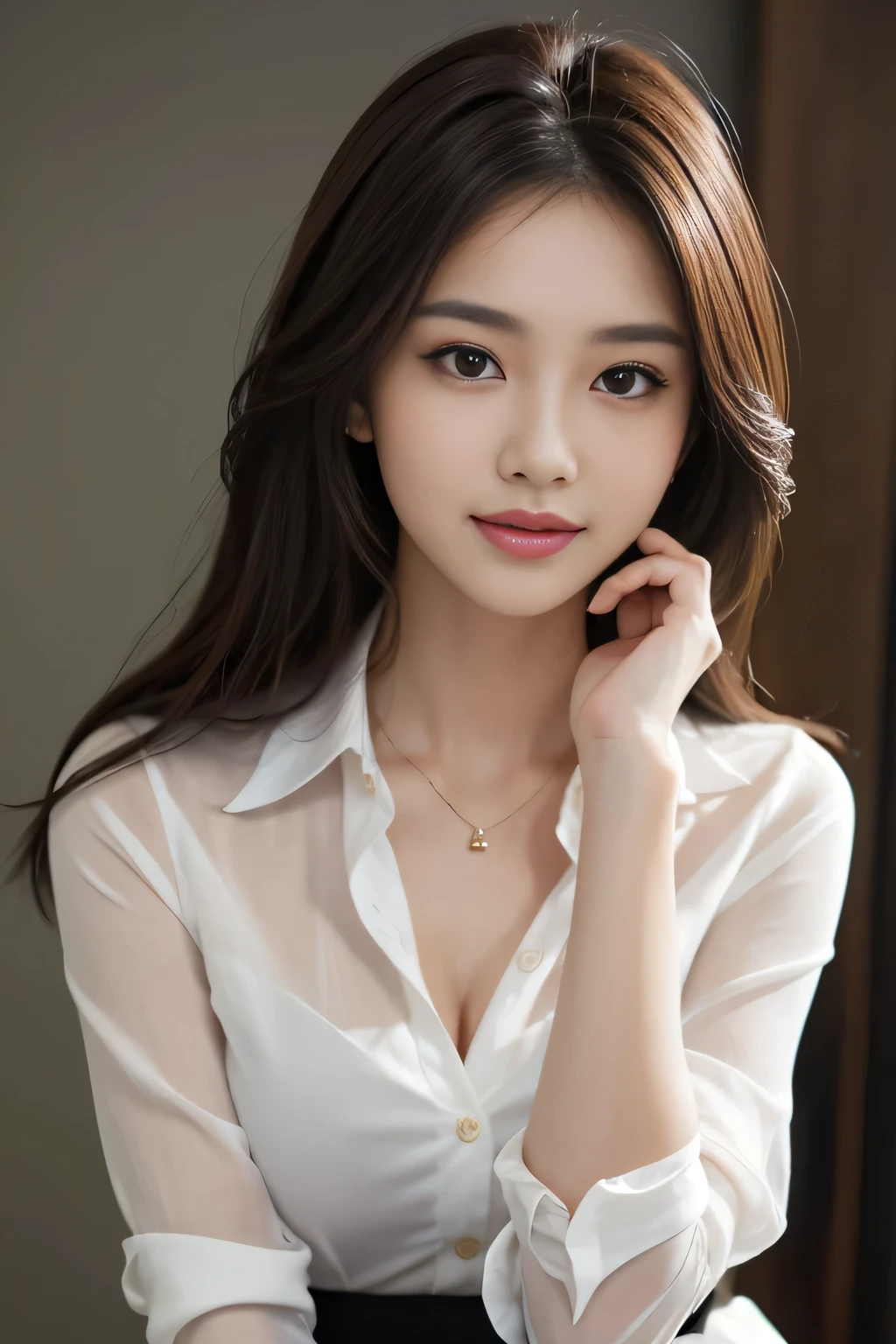 Tabletop, highest quality, Realistic, Very detailed, finely, High resolution, 8k wallpaper, One beautiful woman,, Light brown messy hair, He is wearing a black see-through dress shirt with an open collar...., Sharp focus, Perfect dynamic composition, Beautiful and detailed, Thinning hair, Detailed Realistic skin texture, smile, Close-up portrait, Model Body Type、president'secretary、mini skirt、High heels、whole body、suit