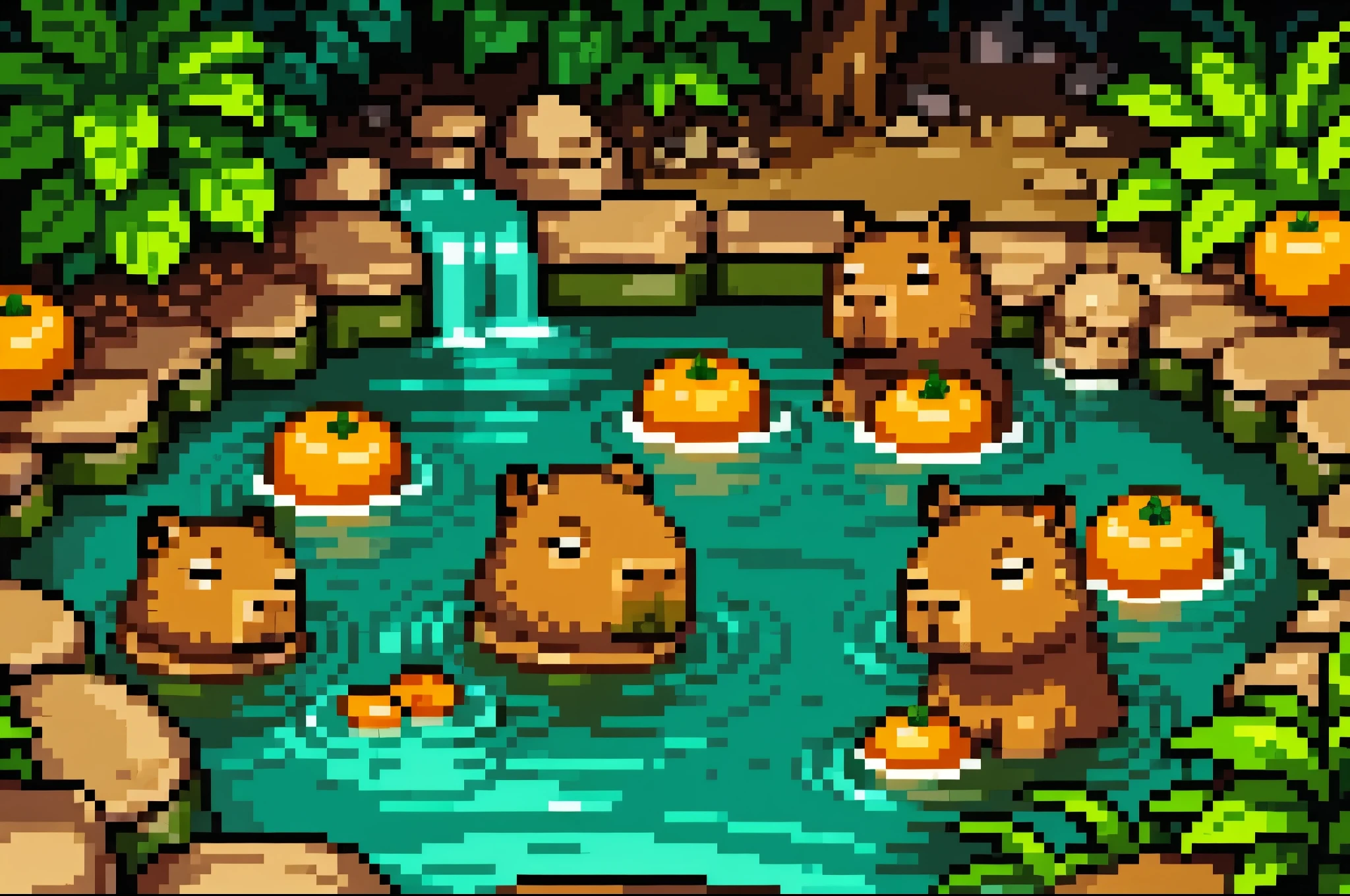 no humans, capybara, multiple capybara, baby capybara, wood barrel, weat wood, japanese nature, thermal pool, hot springs, natural thermal pool, natural hot springs, japanese thermal pool, japanese hot springs, oranges, oranges floating in water, orangein head, cute, high detail, (masterpiece, best quality), intricate details, high detail, detailed skin texture, (goosebumps:0.3), subsurface scattering, vibrant colors, cartoon style, PixelArt,pixel,16Bits,31bits