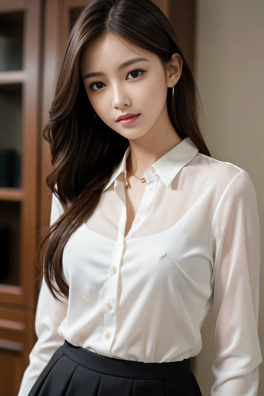 Tabletop, highest quality, Realistic, Very detailed, finely, High resolution, 8k wallpaper, One beautiful woman,, Light brown messy hair, He is wearing a black see-through dress shirt with an open collar...., Sharp focus, Perfect dynamic composition, Beautiful and detailed, Thinning hair, Detailed Realistic skin texture, smile, Close-up portrait, Model Body Type、president'secretary、mini skirt、High heels、whole body、suit