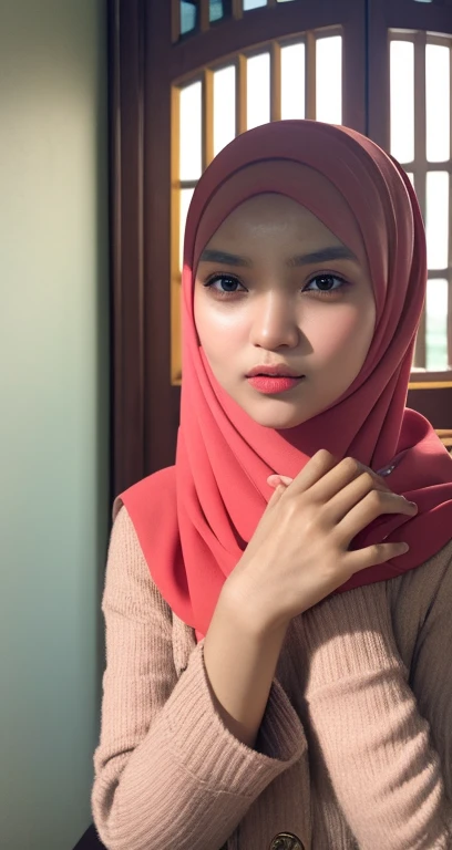 (Wearing Lingerie Top Suspender), (((HIJAB MALAY GIRL))), masutepiece, High quality, UHD 32K, Realistic face, Realistic skin feeling , A Japanese Lady, , , Very cute and baby-like face, (((FLAT CHEST))), (MATRIX WORLD), ((look In front at the camera and SADNESS)), (((CUTE GIRL))), ((RED LIPS)), ((CHUBBY)), (undress, at beach