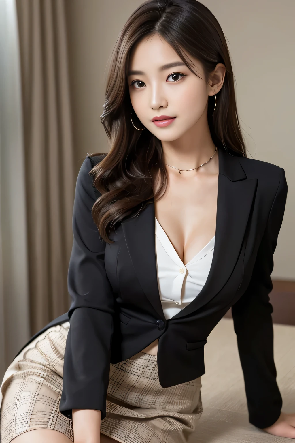 Tabletop, highest quality, Realistic, Very detailed, finely, High resolution, 8k wallpaper, One beautiful woman,, Light brown messy hair, He is wearing a black see-through dress shirt with an open collar...., Sharp focus, Perfect dynamic composition, Beautiful and detailed, Thinning hair, Detailed Realistic skin texture, smile, Close-up portrait, Model Body Type、president'secretary、mini skirt、High heels、whole body、suit