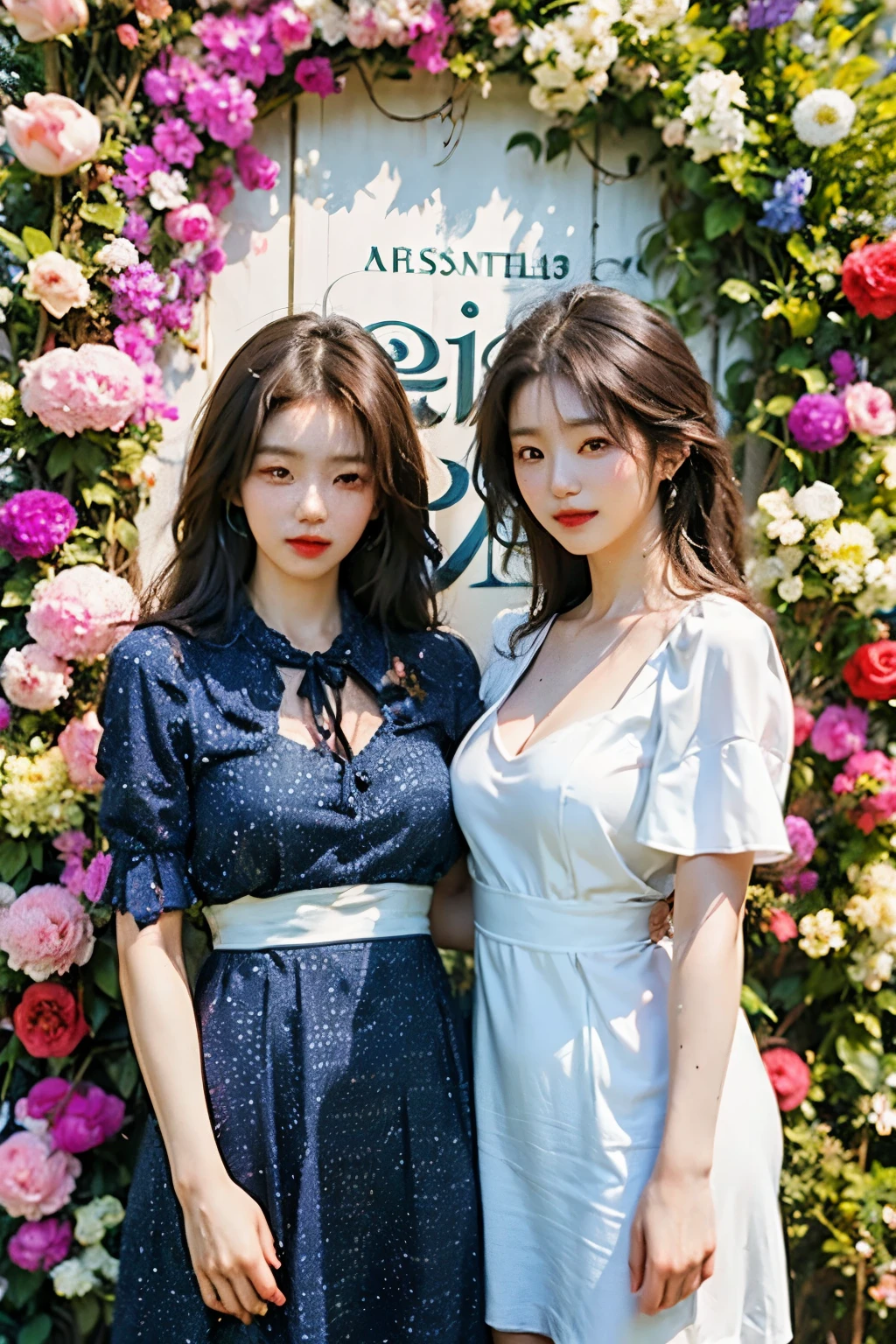 Two Korean beauties standing in front of a flower wall in full bloom, 