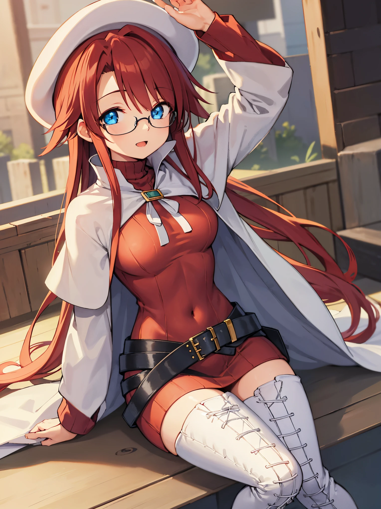 summonnightaty, aty, long hair, blue eyes, red hair, beret, hat, glasses,
BREAK long hair, thighhighs, hat, dress, boots, glasses, belt, cape, sweater, zettai ryouiki, beret, thigh boots, white footwear, ribbed sweater, loose belt,solo,
BREAK outdoors, fantasy,on_a_ship,
BREAK (masterpiece:1.2), best quality, high resolution, unity 8k wallpaper, (illustration:0.8), (beautiful detailed eyes:1.6), extremely detailed face, perfect lighting, extremely detailed CG, (perfect hands, perfect anatomy),covered_nipples,covered_navel,light_smile ,(half_eyes:1.4),armpit,sleepy,sitting,,red_sweater,apart_legs,magical_effect,pulmp,big_tits,light_open_mouth,teaching