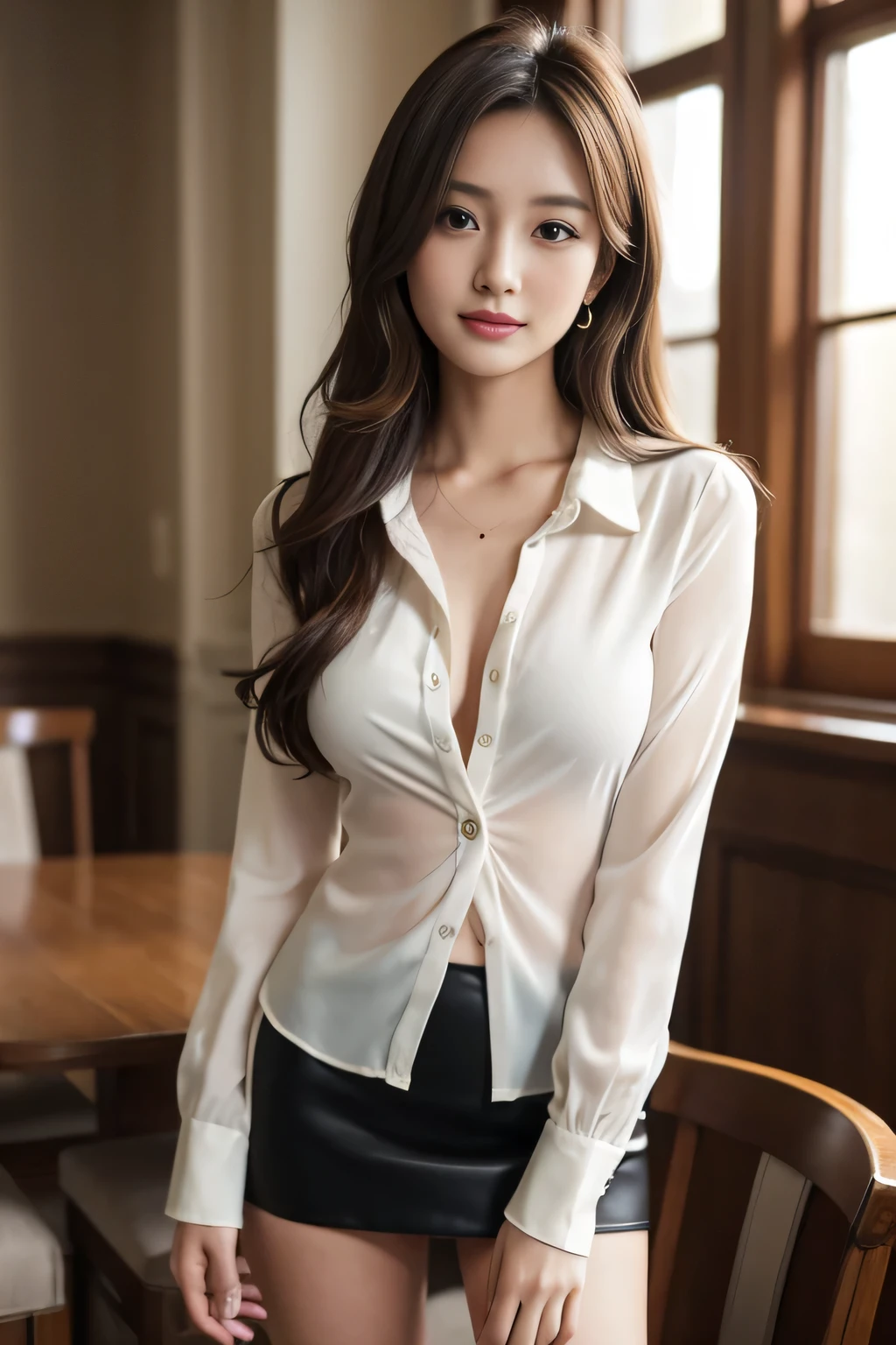 Tabletop, highest quality, Realistic, Very detailed, finely, High resolution, 8k wallpaper, One beautiful woman,, Light brown messy hair, He is wearing a black see-through dress shirt with an open collar...., Sharp focus, Perfect dynamic composition, Beautiful and detailed, Thinning hair, Detailed Realistic skin texture, smile, Close-up portrait, Model Body Type、president&#39;secretary、mini skirt、High heels、whole body、suit