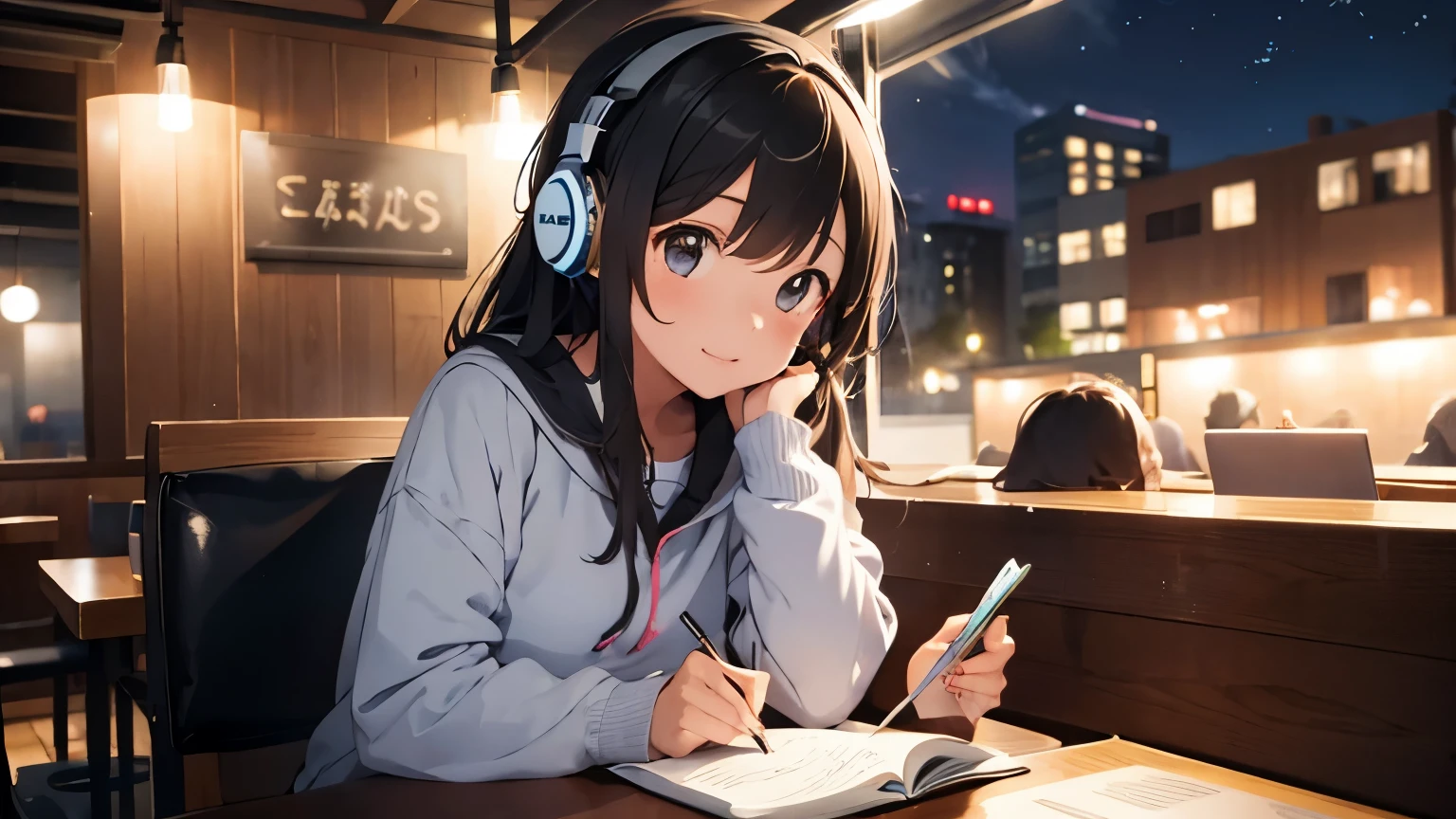 A girl wearing headphones and studying in a cafe at night