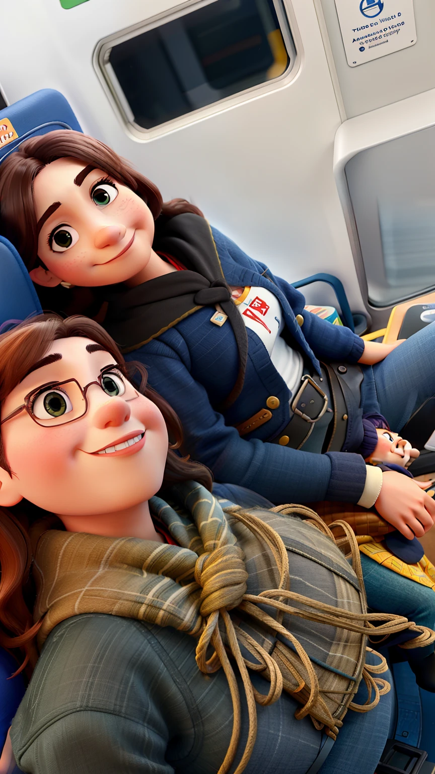 Mother and daughter sitting on the train, no estilo Disney Pixar, alta qualidade, melhor qualidade.
