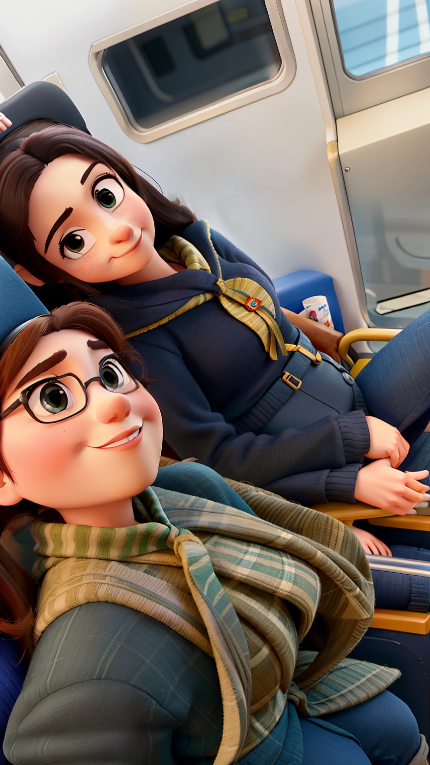 Mother and daughter sitting on the train, no estilo Disney Pixar, alta qualidade, melhor qualidade.