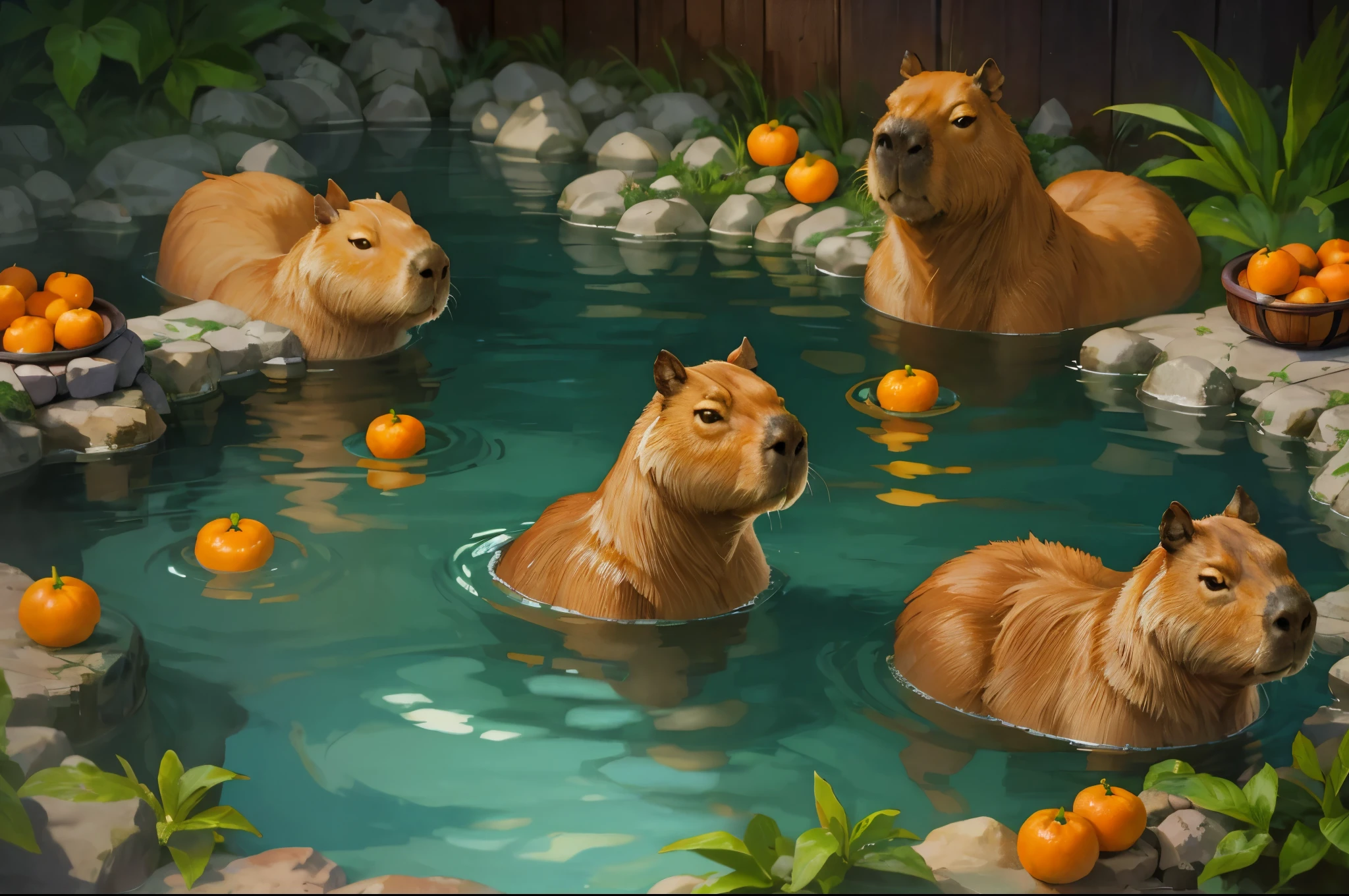 no humans, capybara, multiple capybara, baby capybara, wood barrel, weat wood, japanese nature, thermal pool, hot springs, natural thermal pool, natural hot springs, japanese thermal pool, japanese hot springs, oranges, oranges floating in water, orangein head, cute, high detail, (masterpiece, best quality), intricate details, high detail, detailed skin texture, (goosebumps:0.3), subsurface scattering, vibrant colors, cartoon style, PixelArt,pixel,16Bits,31bits