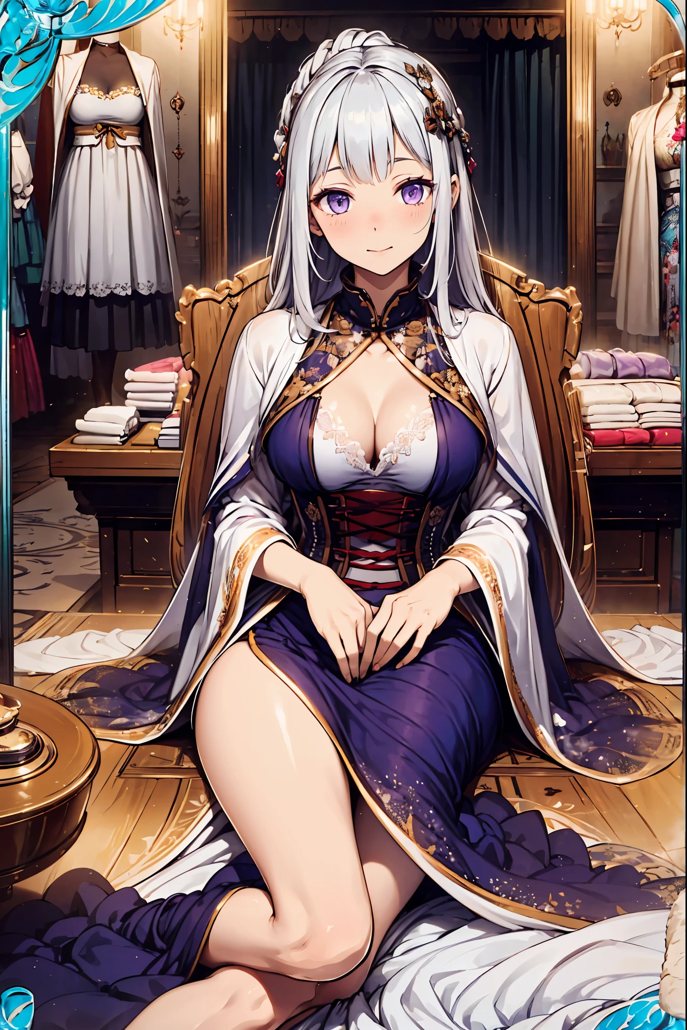 (Best quality, A high resolution, Textured skin, High quality, High details, High details,Extremely detailed CG unity), (female) Enchanted,having fun,Being in love,seamstress in fantasy world, white hair, purple eyes, exquisite costumes,solo person, A small amount of lace,Dazzle, woman, beautiful, (seamstress), (sophisticated clothing shop), (in luxurious clothing shop), expensive cloth everywhere, colorful cloth