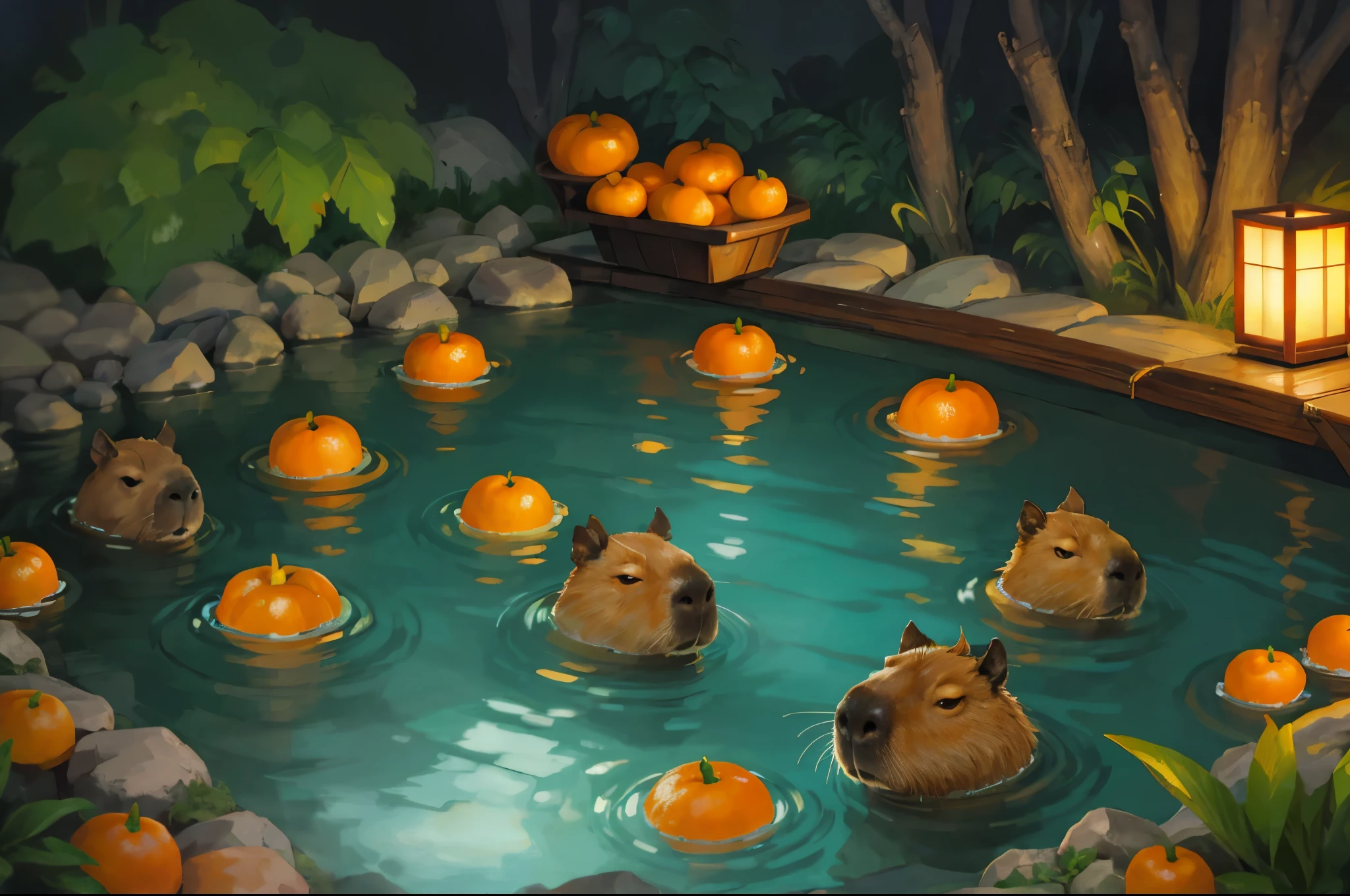 no humans, capybara, multiple capybara, baby capybara, wood barrel, weat wood, japanese nature, thermal pool, hot springs, natural thermal pool, natural hot springs, japanese thermal pool, japanese hot springs, oranges, oranges floating in water, orangein head, cute, high detail, (masterpiece, best quality), intricate details, high detail, detailed skin texture, (goosebumps:0.3), subsurface scattering, vibrant colors, cartoon style, PixelArt,pixel,16Bits,31bits