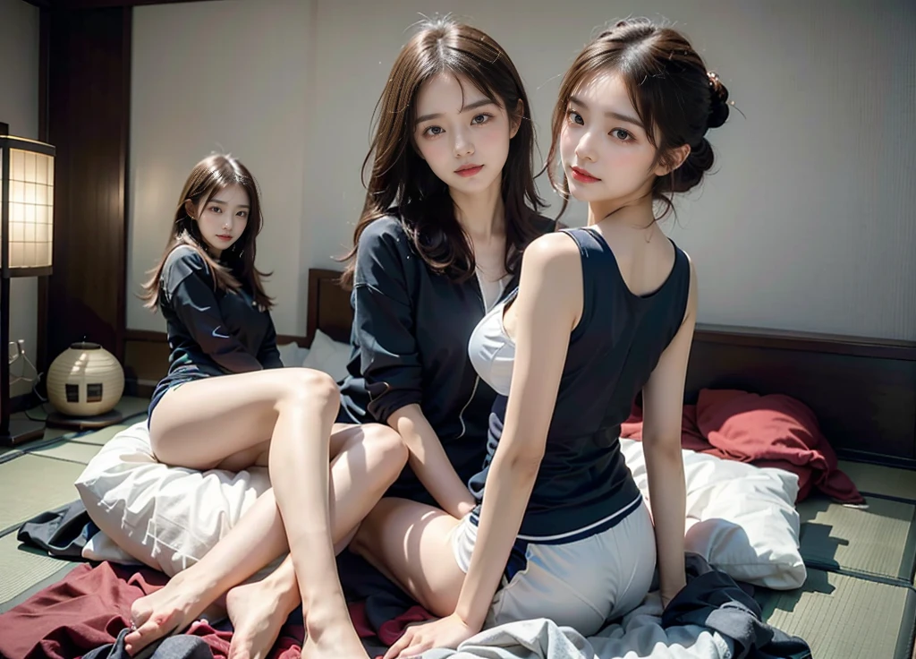 ((Backwards:1.8, Butt facing the camera:1.8, Japanese-style room in a ryokan:1.8, Sleeping on a futon:1.5)), (()),((Tracksuits:1.8, barefoot:1.5)), (smile:1.5), Erect nipples, 1 girl, alone, 7 Head to Body, Ideal body proportions, Black Hair, With bangs, Small breasts, thin, ((Round ass)), Beautiful legs, thin脚, Surrealism, Cinema Lighting, Depth of written border, First Person View, 胸F/1.8, 155mm, Ticker, Pieces fly, Collect and organize, ((Anatomically correct:1.3)), Textured skin, Super Detail, Attention to detail, high quality, Awards, 最high quality, High resolution, 8k