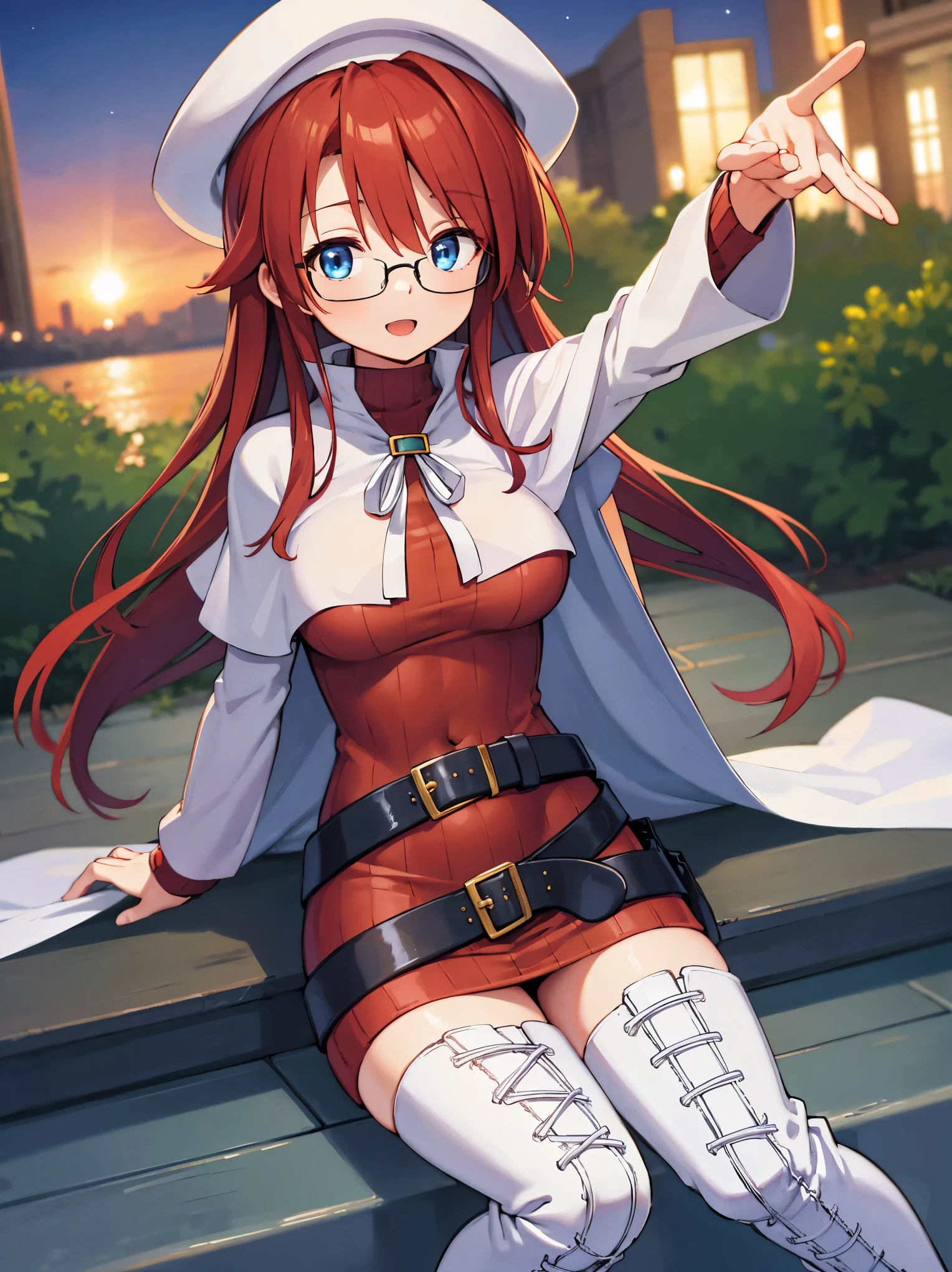 summonnightaty, aty, long hair, blue eyes, red hair, beret, hat, glasses,
BREAK long hair, thighhighs, hat, dress, boots, glasses, belt, cape, sweater, zettai ryouiki, beret, thigh boots, white footwear, ribbed sweater, loose belt,solo,
BREAK outdoors, fantasy,on_a_ship,
BREAK (masterpiece:1.2), best quality, high resolution, unity 8k wallpaper, (illustration:0.8), (beautiful detailed eyes:1.6), extremely detailed face, perfect lighting, extremely detailed CG, (perfect hands, perfect anatomy),covered_nipples,covered_navel,light_smile ,(half_eyes:1.4),armpit,sleepy,sitting,,red_sweater,apart_legs,magical_effect,pulmp,big_tits,light_open_mouth,teaching