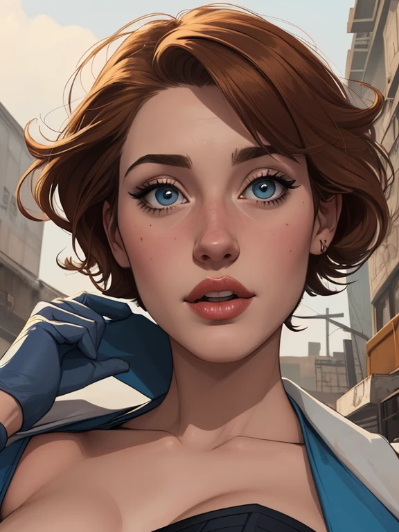 Personagem mulher estilo atompunk Fallout 4 atriz Ella Purnell com marcas de guerras Imagem de desenho animado de uma mulher .Ilustracaoo estilo desenho animado, estilo de arte dos desenhos animados, estilo de arte dos desenhos animados, digital illustration style, estilo atompunk design de personagens altamente detalhado, arte digital detalhada coragem,actress Ella Purnell Forest fan art, Design de personagens de retrato, beautiful digital illustration, retrato de alta qualidade, Arte em quadrinhos, mulher jovem cabelo com transas lindas . Eyelined eyes Medium large bust and wonderful sexy clothes. image expression of sexual desire from waist to head illustration Queen Anne of Arendelle atompunk style Fallout 4 The perspective is from below, enfatizando a majestade e o poder da Gigante."atriz Ella Purnell