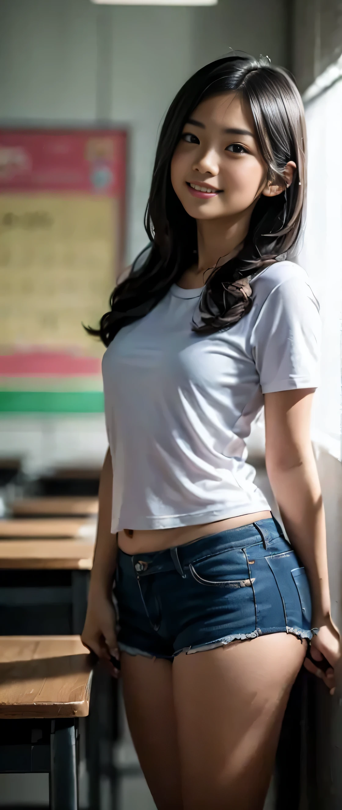 (masterpiece, highest quality:1.2), 8K, young beautiful curvy filipina girl, 85mm,Official AR RAW photo, 、show me your ears、photo shoot, cute face, thicc thighs, After school classroom, looking at the viewer, embarrassing、smile、no makeup, film grain, chromatic aberration, sharp focus, face light, clear lighting, Ten generations, detailed face, background bokeh、((((((25 year old cute girl)))))), clothes with short sleeves、Dark blue bloomers