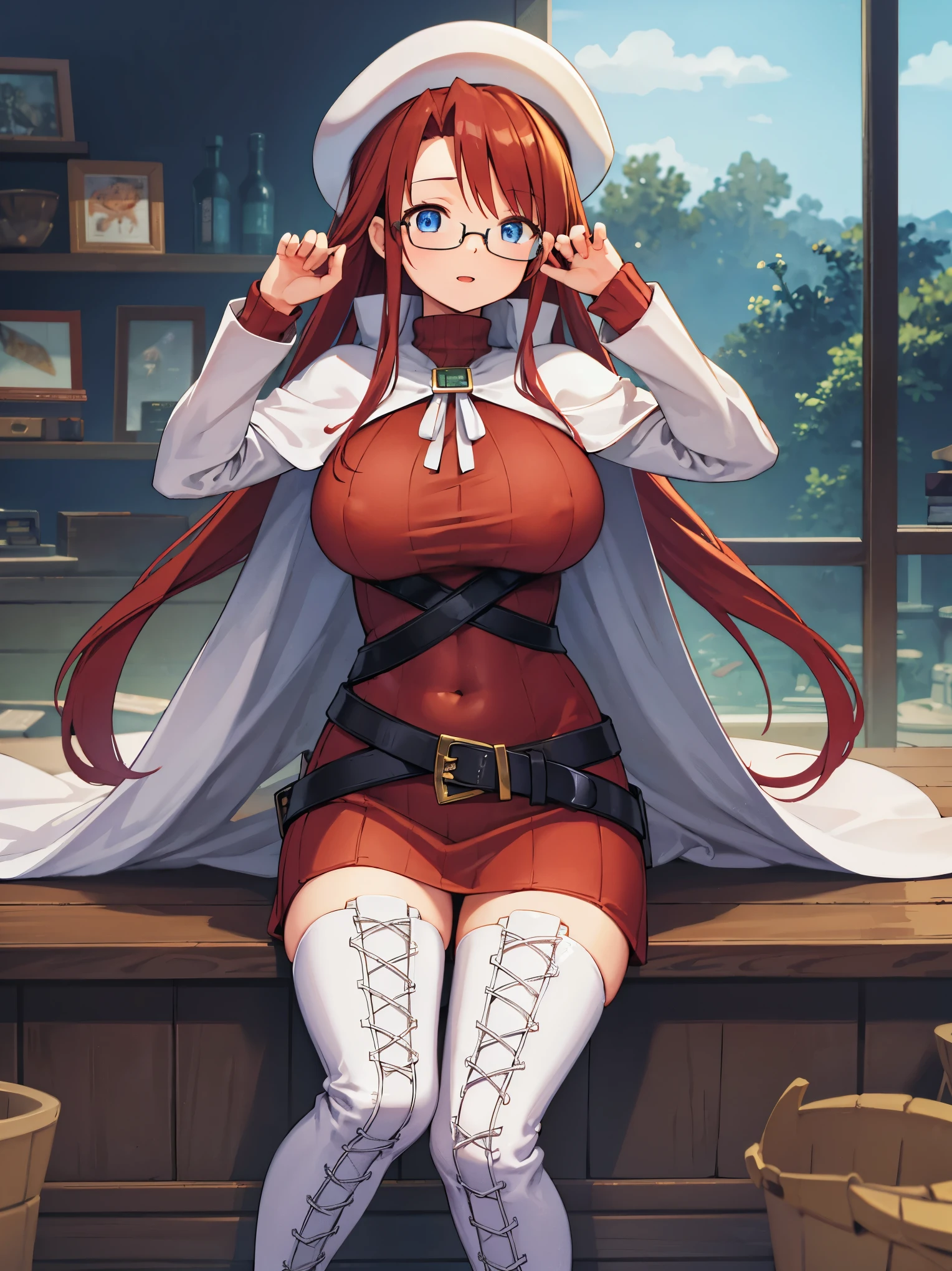 summonnightaty, aty, long hair, blue eyes, red hair, beret, hat, glasses,
BREAK long hair, thighhighs, hat, dress, boots, glasses, belt, cape, sweater, zettai ryouiki, beret, thigh boots, white footwear, ribbed sweater, loose belt,solo,
BREAK outdoors, fantasy,on_a_ship,
BREAK (masterpiece:1.2), best quality, high resolution, unity 8k wallpaper, (illustration:0.8), (beautiful detailed eyes:1.6), extremely detailed face, perfect lighting, extremely detailed CG, (perfect hands, perfect anatomy),covered_nipples,covered_navel,light_smile ,(half_eyes:1.4),armpit,sleepy,sitting,,red_sweater,apart_legs,magical_effect,pulmp,big_tits,light_open_mouth,teaching