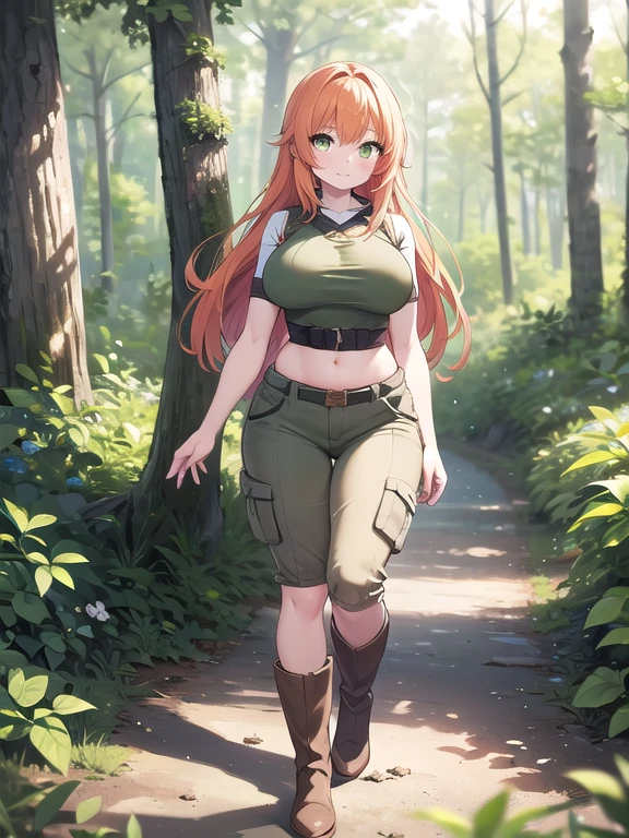 ((Masterpiece)), ((Best Quality)), (Perfectly Detailed), ((Perfect ???????)), (Accurate Lighting), (Accurate Shadows), ((Solo)), (Accurately Detailed), A Young-Adult Girl, with Long Orange Hair, Green Eyes, (Extremely Gigantic Breasts), Wide Hips, slightly tall, and is mildly muscular. Wearing a (Worn Green Tunic), (Brown Cargo-Pants), and (Tall Grey Boots). Hiking in a Forest, with a small creek and more forest in the background.