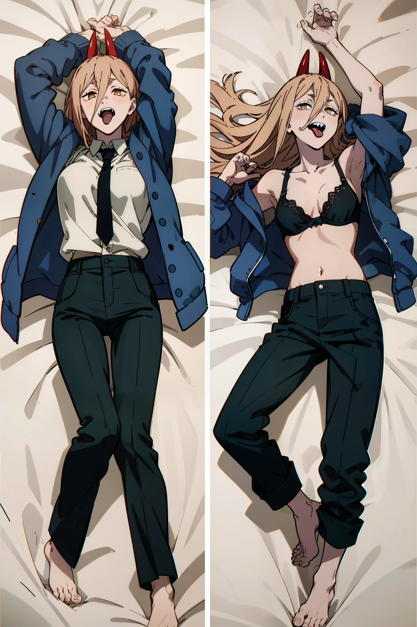 1girl, long hair, breasts, looking at viewer, smile, open mouth, blonde hair, shirt, hair between eyes, medium breasts, underwear, jacket, full body, yellow eyes, white shirt, lying, open clothes, necktie, horns, barefoot, teeth, tongue, collared shirt, pants, tongue out, on back, bra, arms up, feet, symbol-shaped pupils, multiple views, animal, black pants, cat, blue jacket, demon horns, black necktie, dakimakura \(medium\), red horns, red bra, cross-shaped pupils, pants rolled up, power \(chainsaw man\),power_chainsawman,csm anime style,NTRGAO,nude dakimakura,anime_style