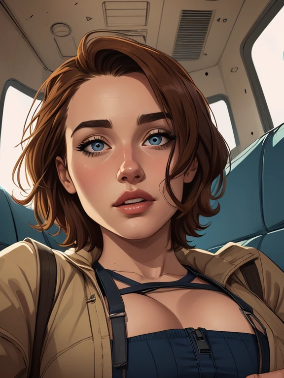 Personagem mulher estilo atompunk Fallout 4 atriz Ella Purnell com marcas de guerras Imagem de desenho animado de uma mulher .Ilustracaoo estilo desenho animado, estilo de arte dos desenhos animados, estilo de arte dos desenhos animados, digital illustration style, estilo atompunk design de personagens altamente detalhado, arte digital detalhada coragem,actress Ella Purnell Forest fan art, Design de personagens de retrato, beautiful digital illustration, retrato de alta qualidade, Arte em quadrinhos, mulher jovem cabelo com transas lindas . Eyelined eyes Medium large bust and wonderful sexy clothes. image expression of sexual desire from waist to head illustration atompunk style Fallout 4 The perspective is from below, enfatizando a majestade e o poder da Gigante."atriz Ella Purnell