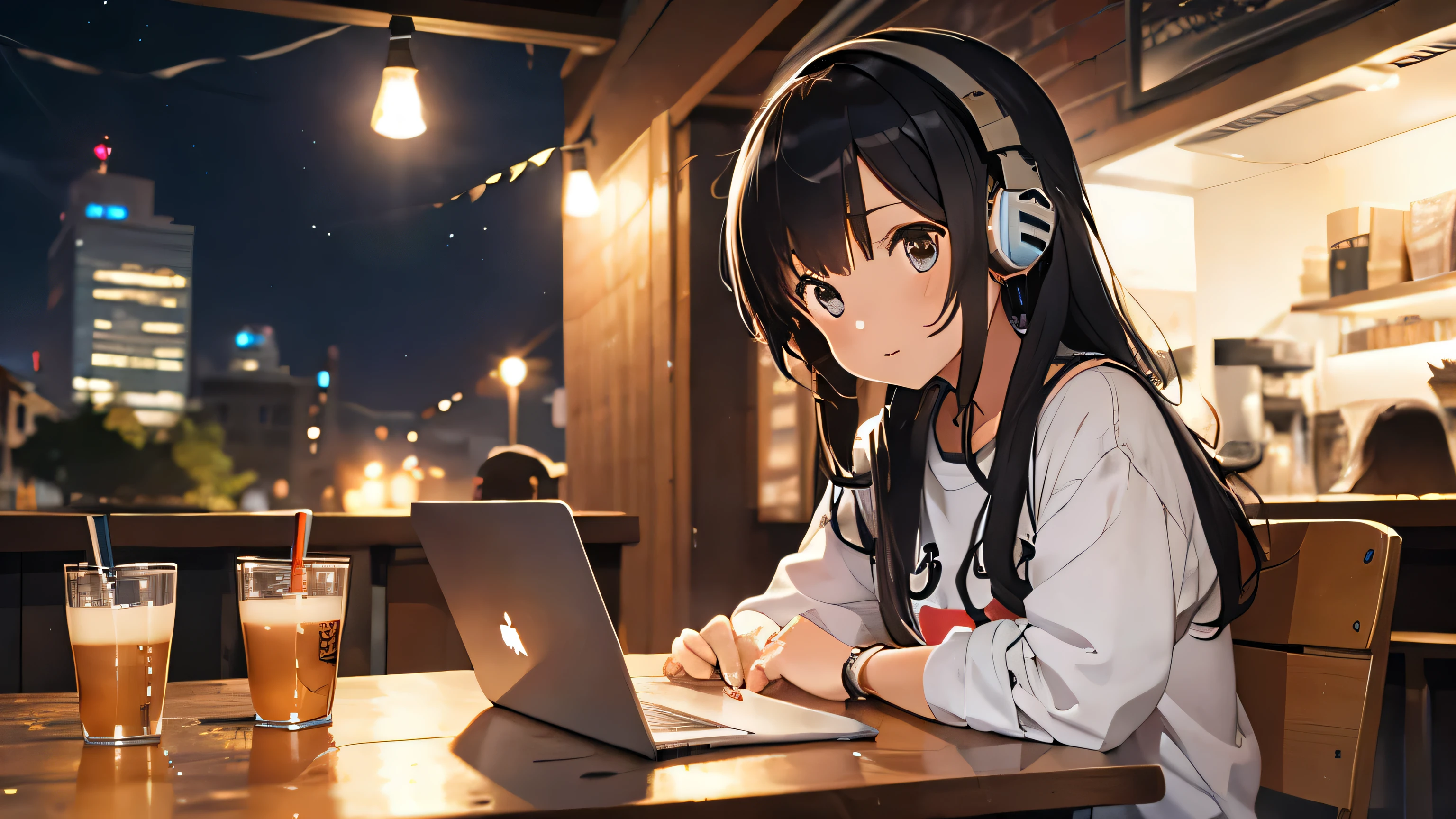 A girl wearing headphones and studying in a cafe at night