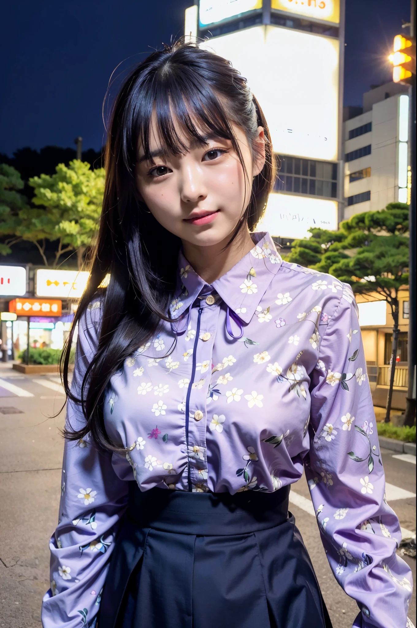 1 girl, Tokyo, Daikanyama, daytime, cityscape, city lights, upper body, close-up, smile, (8k, RAW photo, highest quality, masterpiece: 1.2), (real, photoreal: 1.37), floral print blouse, purple long skirt