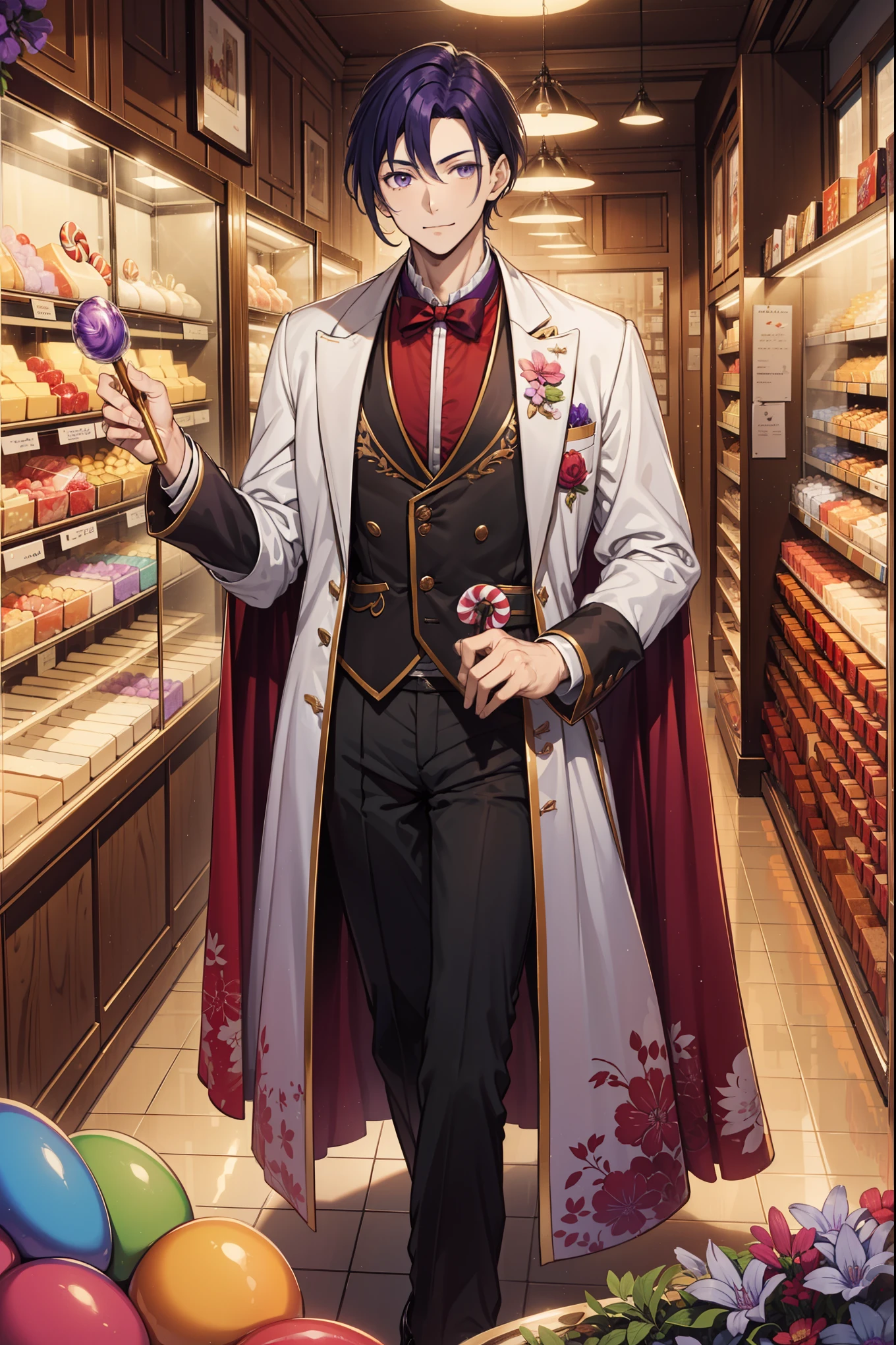 (Best quality, A high resolution, Textured skin, High quality, High details, Extremely detailed CG unity), (male), (solo male), (1 male), 1 male, handsome male, short hair, buzz cut hair, purple eyes, purple hair, older male, small smile, tuxedo, pants, distinguished clothing, Enchanted,making candy, confectioner in fantasy world, exquisite costumes, solo person, day, Dazzle, male, handsome, (in candy store), detailed candy store, colorful candy, lollipops, chocolate, (holding lollipop:1)