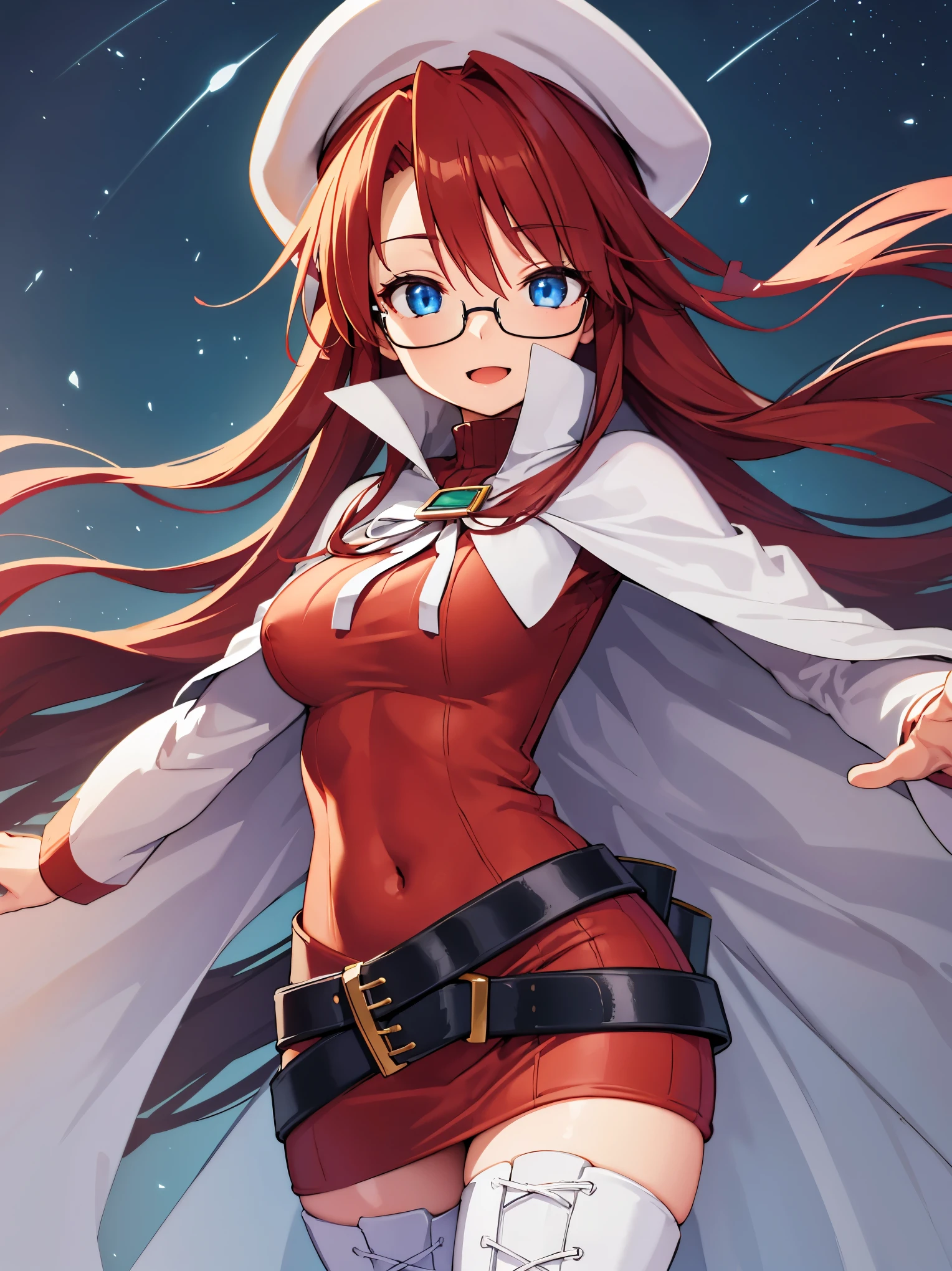 summonnightaty, aty, long hair, blue eyes, red hair, beret, hat, glasses,
BREAK long hair, thighhighs, hat, dress, boots, glasses, belt, cape, sweater, zettai ryouiki, beret, thigh boots, white footwear, ribbed sweater, loose belt,solo,
BREAK outdoors, fantasy,on_a_ship,
BREAK (masterpiece:1.2), best quality, high resolution, unity 8k wallpaper, (illustration:0.8), (beautiful detailed eyes:1.6), extremely detailed face, perfect lighting, extremely detailed CG, (perfect hands, perfect anatomy),covered_nipples,covered_navel,light_smile ,(half_eyes:1.4),long_sword,edge,armpit,sleepy,dynamic_standing,red_sweater,apart_legs,magical_effect,pulmp,big_tits,light_open_mouth,prepare_a_sword