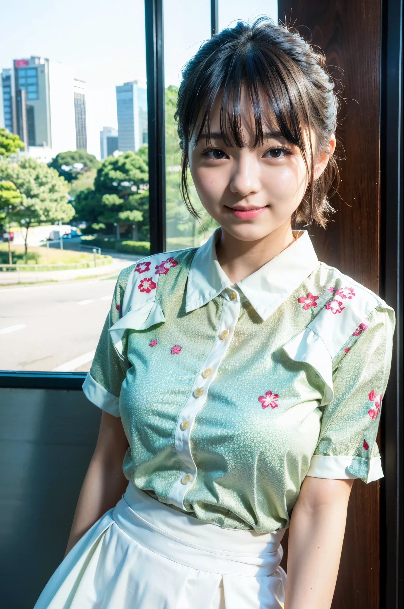 1 girl, Tokyo, Daikanyama, daytime, cityscape, city lights, upper body, close-up, smile, (8k, RAW photo, highest quality, masterpiece: 1.2), (real, photoreal: 1.37), short hair, plump body, button gap, floral print blouse, white long skirt