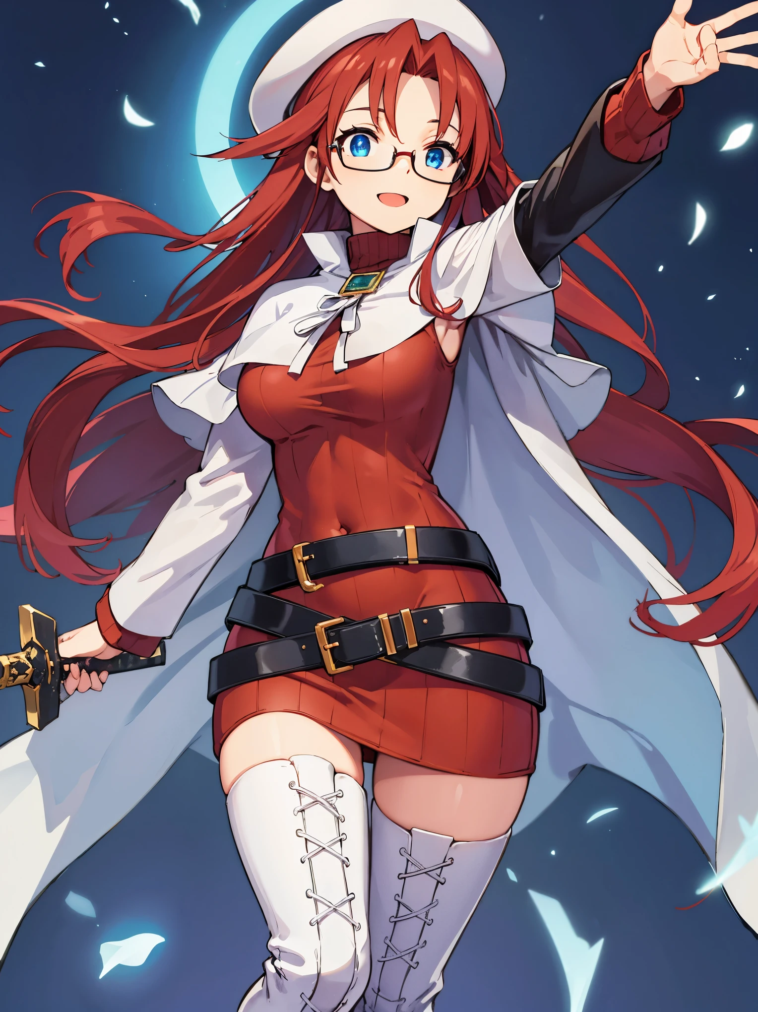 summonnightaty, aty, long hair, blue eyes, red hair, beret, hat, glasses,
BREAK long hair, thighhighs, hat, dress, boots, glasses, belt, cape, sweater, zettai ryouiki, beret, thigh boots, white footwear, ribbed sweater, loose belt,solo,
BREAK outdoors, fantasy,on_a_ship,
BREAK (masterpiece:1.2), best quality, high resolution, unity 8k wallpaper, (illustration:0.8), (beautiful detailed eyes:1.6), extremely detailed face, perfect lighting, extremely detailed CG, (perfect hands, perfect anatomy),covered_nipples,covered_navel,light_smile ,(half_eyes:1.4),long_sword,edge,armpit,sleepy,dynamic_standing,red_sweater,apart_legs,magical_effect,pulmp,big_tits,light_open_mouth,prepare_a_sword