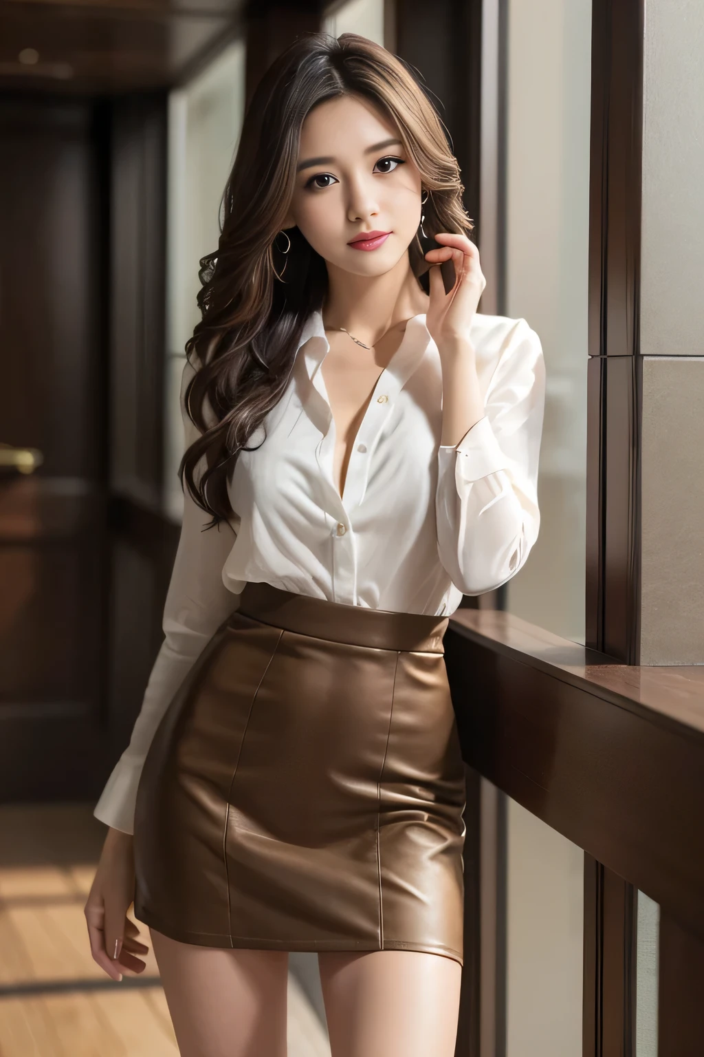 Tabletop, highest quality, Realistic, Very detailed, In detail, High resolution, 8k wallpaper, One beautiful woman,, Light brown messy hair, Wearing a business suit, Sharp focus, Perfect dynamic composition, Beautiful fine details, Fine hair, Detailed and realistic skin texture, smile, Close-up portrait, Model Body Type、((Super long brown hair:1.2))、((Hair with loose waves on the inside:1.2)),((shy smile:1.3)),((Gold Necklace_Big earrings:1.2)),full body shot、(((Full figured supermodel standing, full body shot, Full body in frame))),((White long sleeve button up blouse_With collar_Delete up to the second button_brown wrap skirt_tweed wrap skirt:1.3)),((With a smile_running towards here_Long flowing hair:1.3))((full body shot:1.3))、((full body shot:1.3)) Sexy Dress