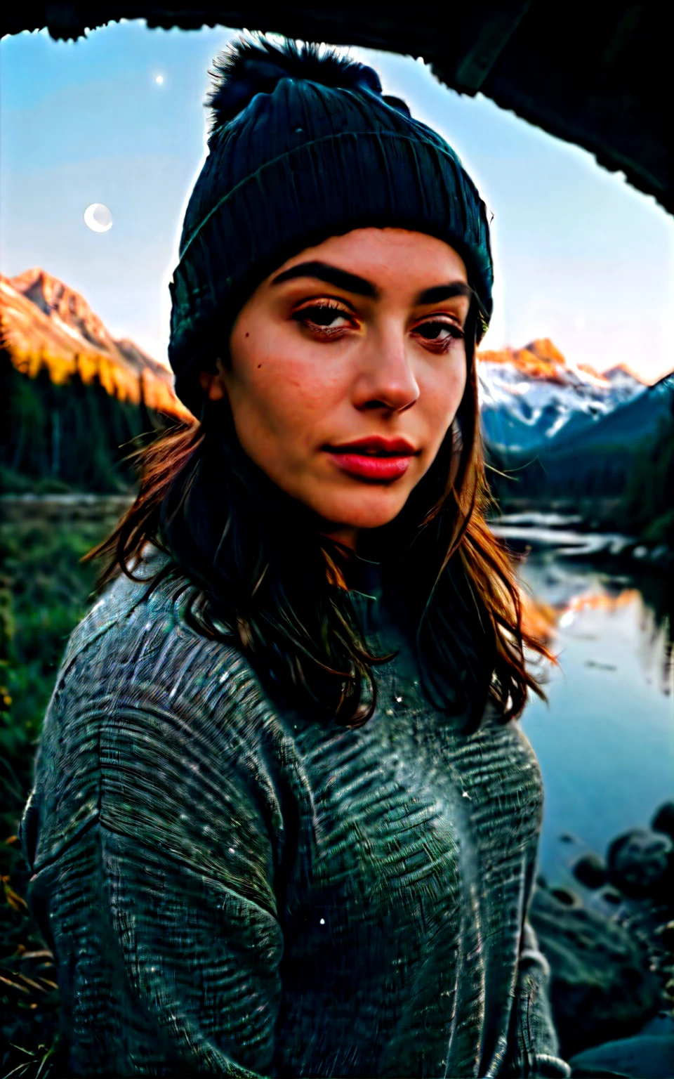 photorealistic, best quality, hyper detailed, beautiful woman, selfie photo, upper body, solo, wearing pullover, outdoors, (night), mountains, real life nature, stars, moon, (cheerful, happy), sleeping bag, gloves, sweater, beanie, flashlight, forest, rocks, river, wood, smoke, fog, clear sky, analog style, looking at viewer, skin texture, film grain, close up, ultra high res, best shadow, RAW, instagram LUT