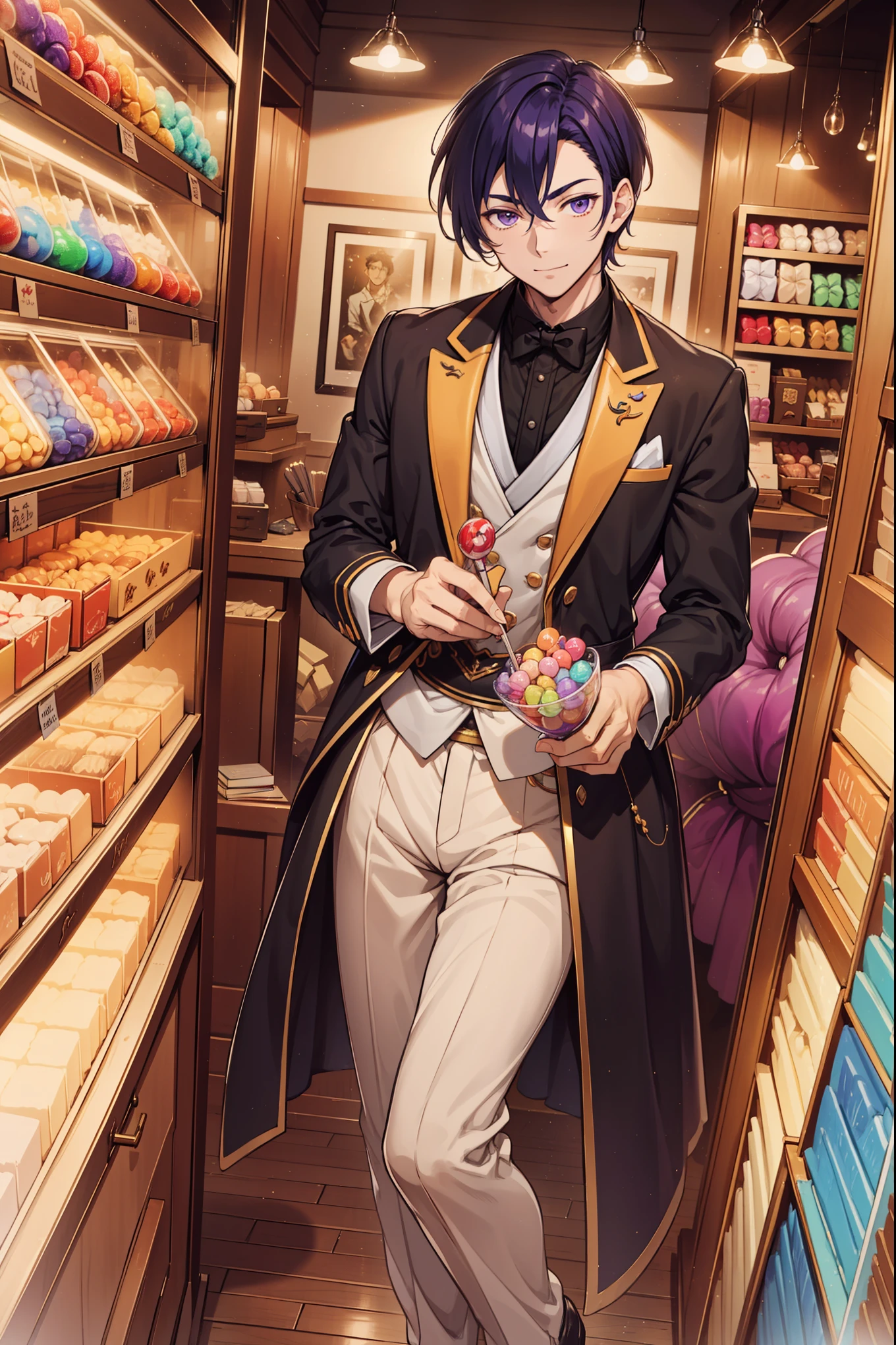 (Best quality, A high resolution, Textured skin, High quality, High details, Extremely detailed CG unity), (male), (solo male), (1 male), 1 male, handsome male, short hair, buzz cut hair, purple eyes, purple hair, older male, small smile, tuxedo, pants, distinguished clothing, Enchanted,making candy, confectioner in fantasy world, exquisite costumes, solo person, day, Dazzle, male, handsome, (in candy store), detailed candy store, colorful candy, lollipops, chocolate, (holding lollipop:1)