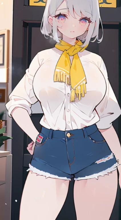 (mesa:1.2), realista, foto de 18 anos、Garota de camisa branca apertada(camisa desabotoada), metade  , melhor qualidade, (seios grandes:1.2), Ombros nus, decote, Nsfw Something?, [[Hands hidden behind the back]], brincos, Camisa completa, gargantilha preta, Sozinho, [sfw]、(Mini shorts jeans danificados、perna alta)、lindas pernas、beautiful abdomen、sente uma cadeira、Olhar de umbigo