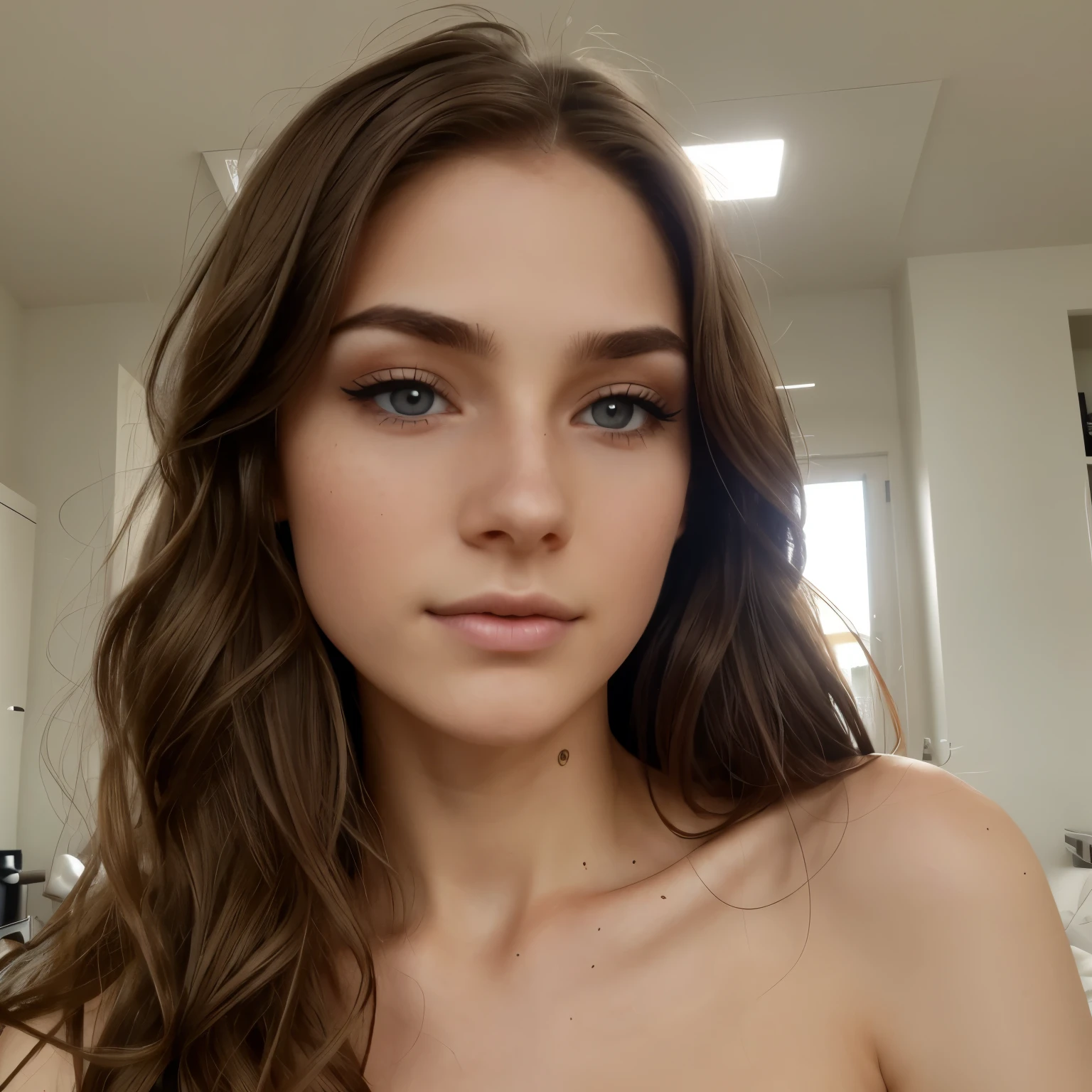 Pale ivory colored skin, androgynous face, small button nose, pointed nose, small curved lips. Light freckles, grey colored iris, close up of face, foxy eyes, wearing eyeliner makeup, long wavy brown hair, looks kinda like Brooke Monk