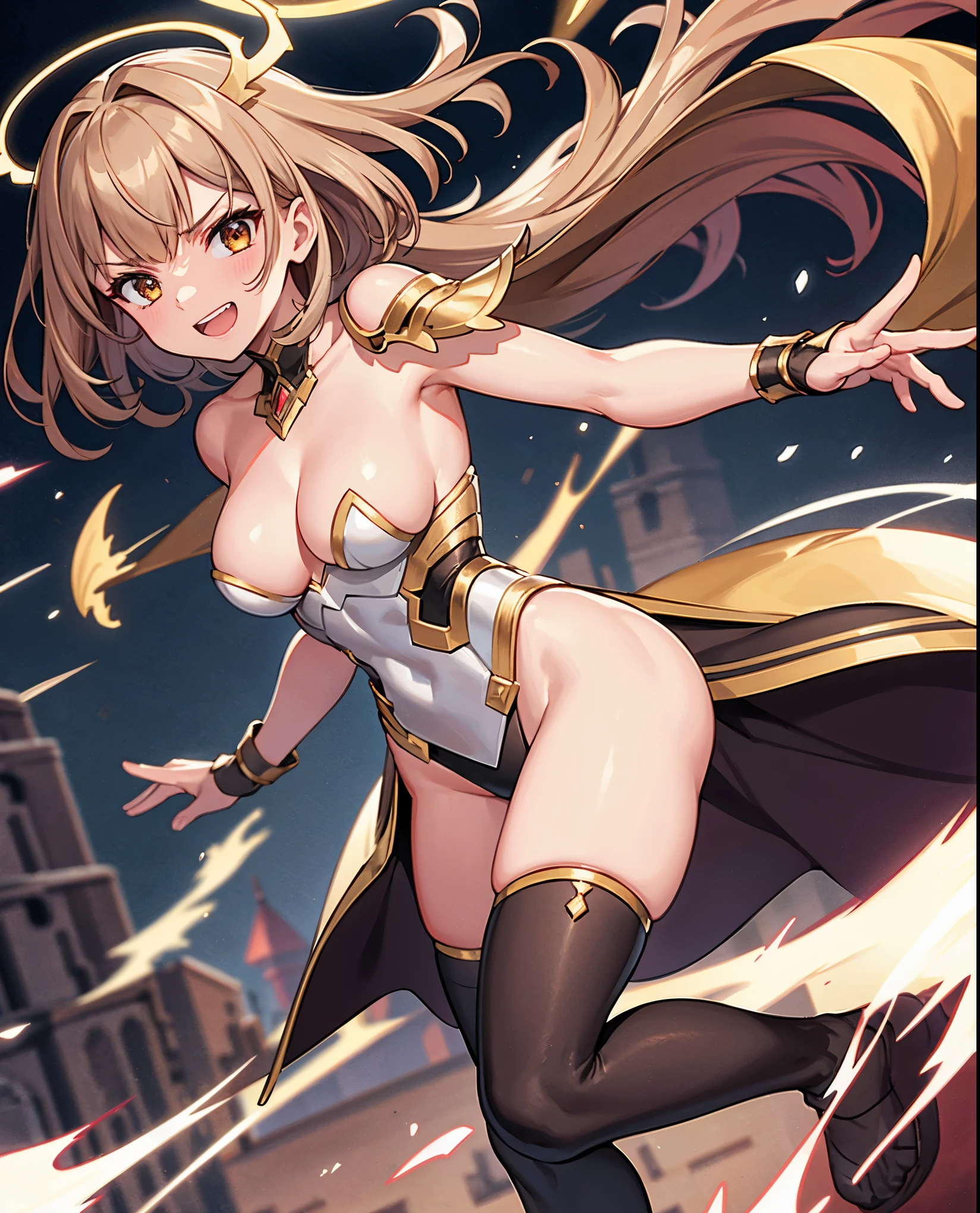 fantasy, 1angel_girl,, ,brown_hair, medium_bob_hair, long_bangs, halo,bare_shoulder,thighhighs,silver_armor, waist_armor, large_breasts,angry,grinning,open_mouth_teeth, 1pair_wings, dynamic_pose_fighting,floating, bare_crotch, headgear,gauntlet, greaves,city_sky_background,slightly_spread_legs, solo, groin_naked,dark_skin,