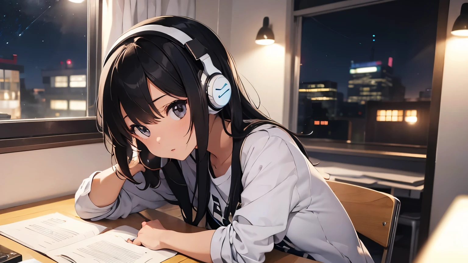 A girl wearing headphones and studying at home at night