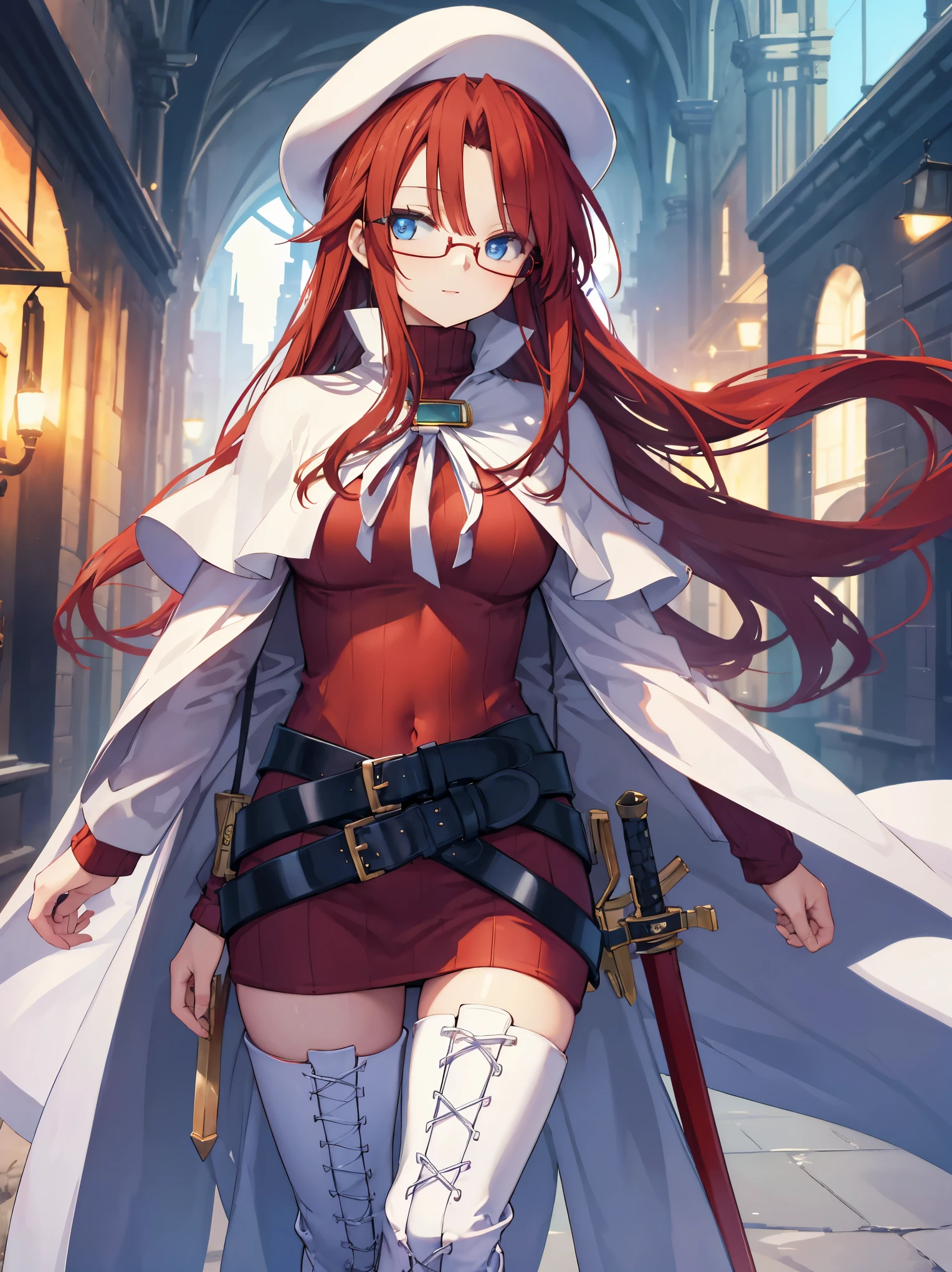 summonnightaty, aty, long hair, blue eyes, red hair, beret, hat, glasses,
BREAK long hair, thighhighs, hat, dress, boots, glasses, belt, cape, sweater, zettai ryouiki, beret, thigh boots, white footwear, ribbed sweater, loose belt,solo,
BREAK outdoors, fantasy,on_a_ship,
BREAK (masterpiece:1.2), best quality, high resolution, unity 8k wallpaper, (illustration:0.8), (beautiful detailed eyes:1.6), extremely detailed face, perfect lighting, extremely detailed CG, (perfect hands, perfect anatomy),covered_nipples,covered_navel,light_smile ,(half_eyes:1.4),long_sword,edge,armpit,sleepy,dynamic_standing,red_sweater,apart_legs,magical_effect,pulmp,big_tits,light_open_mouth,prepare_a_sword
