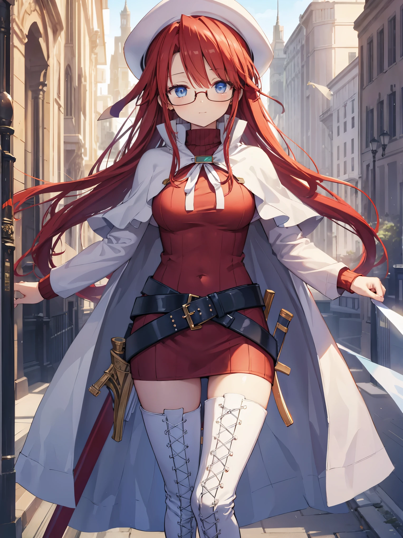 summonnightaty, aty, long hair, blue eyes, red hair, beret, hat, glasses,
BREAK long hair, thighhighs, hat, dress, boots, glasses, belt, cape, sweater, zettai ryouiki, beret, thigh boots, white footwear, ribbed sweater, loose belt,solo,
BREAK outdoors, fantasy,on_a_ship,
BREAK (masterpiece:1.2), best quality, high resolution, unity 8k wallpaper, (illustration:0.8), (beautiful detailed eyes:1.6), extremely detailed face, perfect lighting, extremely detailed CG, (perfect hands, perfect anatomy),covered_nipples,covered_navel,light_smile ,(half_eyes:1.4),long_sword,edge,armpit,sleepy,dynamic_standing,red_sweater,apart_legs,magical_effect,pulmp,big_tits,light_open_mouth,prepare_a_sword