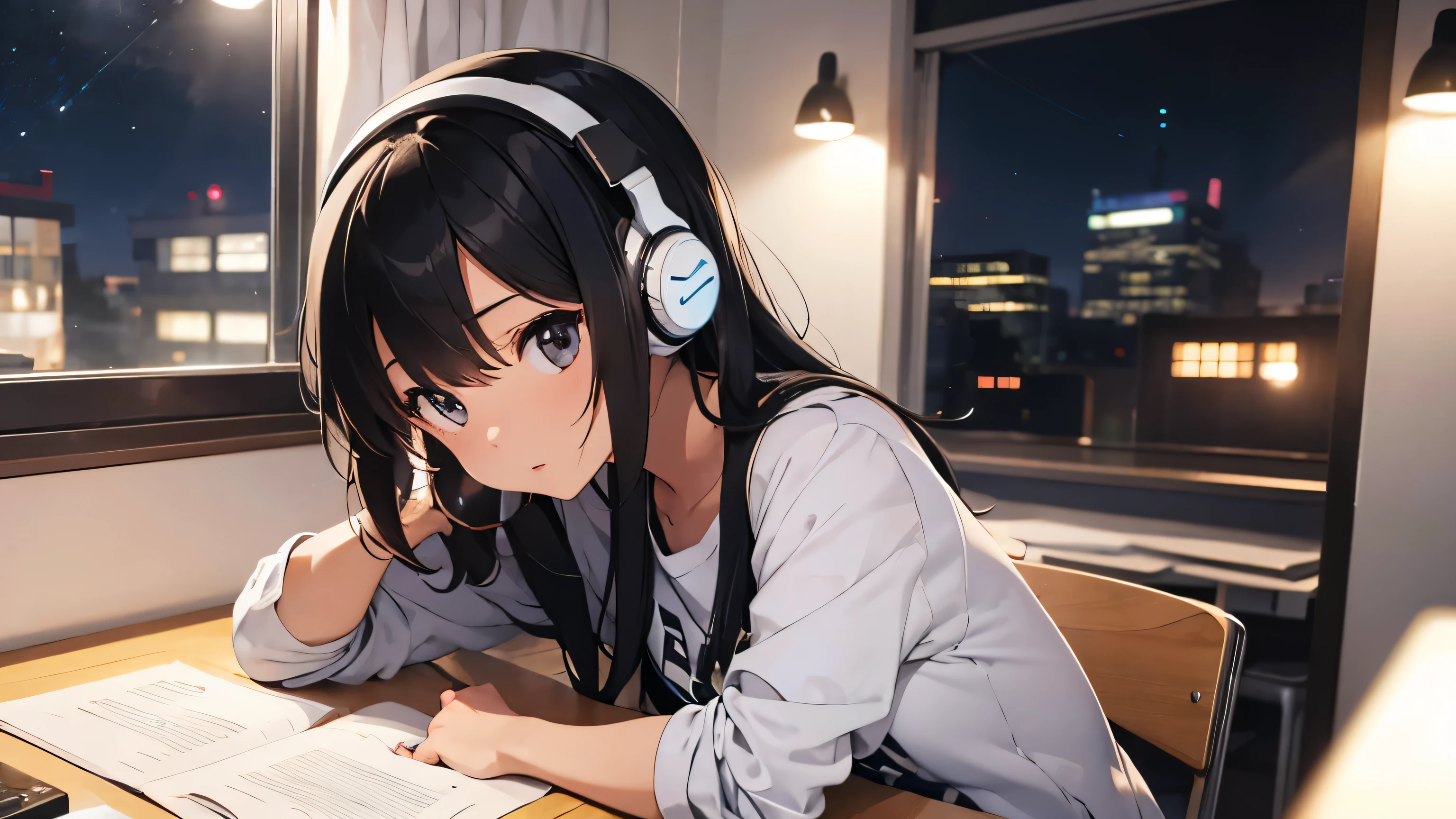 A girl wearing headphones and studying at home at night