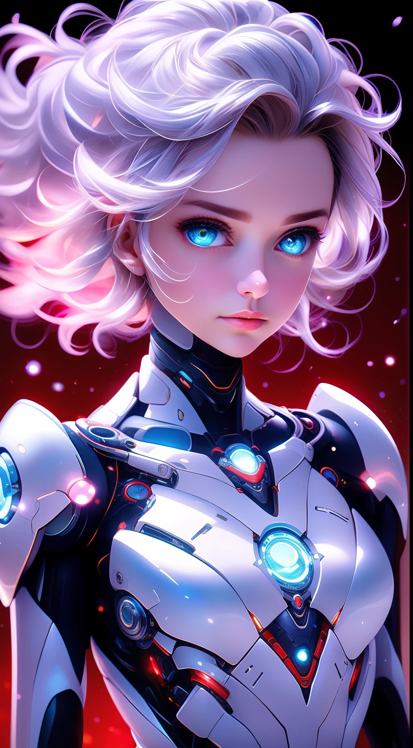 1girl enormes seios grandes,(bordaMechagirl,Uma mulher fantasiada de mecha,futuristic armaduras,Using edgMechaGirl cyber_armaduras:1. 4),Complex armaduras structure,a bioluminescence,rich color combination,branco brilhante,Azul claro,Preto brilhante,detalhes em vermelho,rosto perfeito,rosto bonito,figura corporal perfeita,Olho Roxo,cabelo curto prateado,medium breasts,Detalhes muito detalhados,decote sexy,Absurdo,sci-fi movie, Absurdo,((Corpo humano inteiro)),((Vista distante)),o panorama,dynamic pose,Corpo humano inteiro。