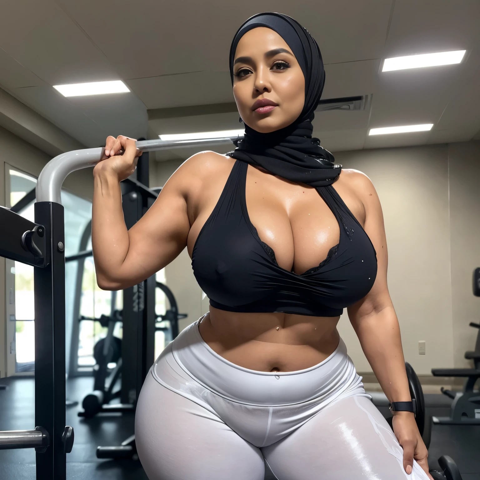 42 years Old, Sugar Mama, ((Beauty Mix Indonesian-Arabian MILF)), ((Hijab)), ((Busty Ginecologist)), ((Sensual Lips)), (wet white Skin), ((Droopiest Massive Large : 1.4)), Sport Bra, Gym Pants, Polish Nail and face, Full body, ((Curvy Body)), Breast about To burst out, Realistic Detailed Perfect abs, at Gym Place, Dark light, at Night time